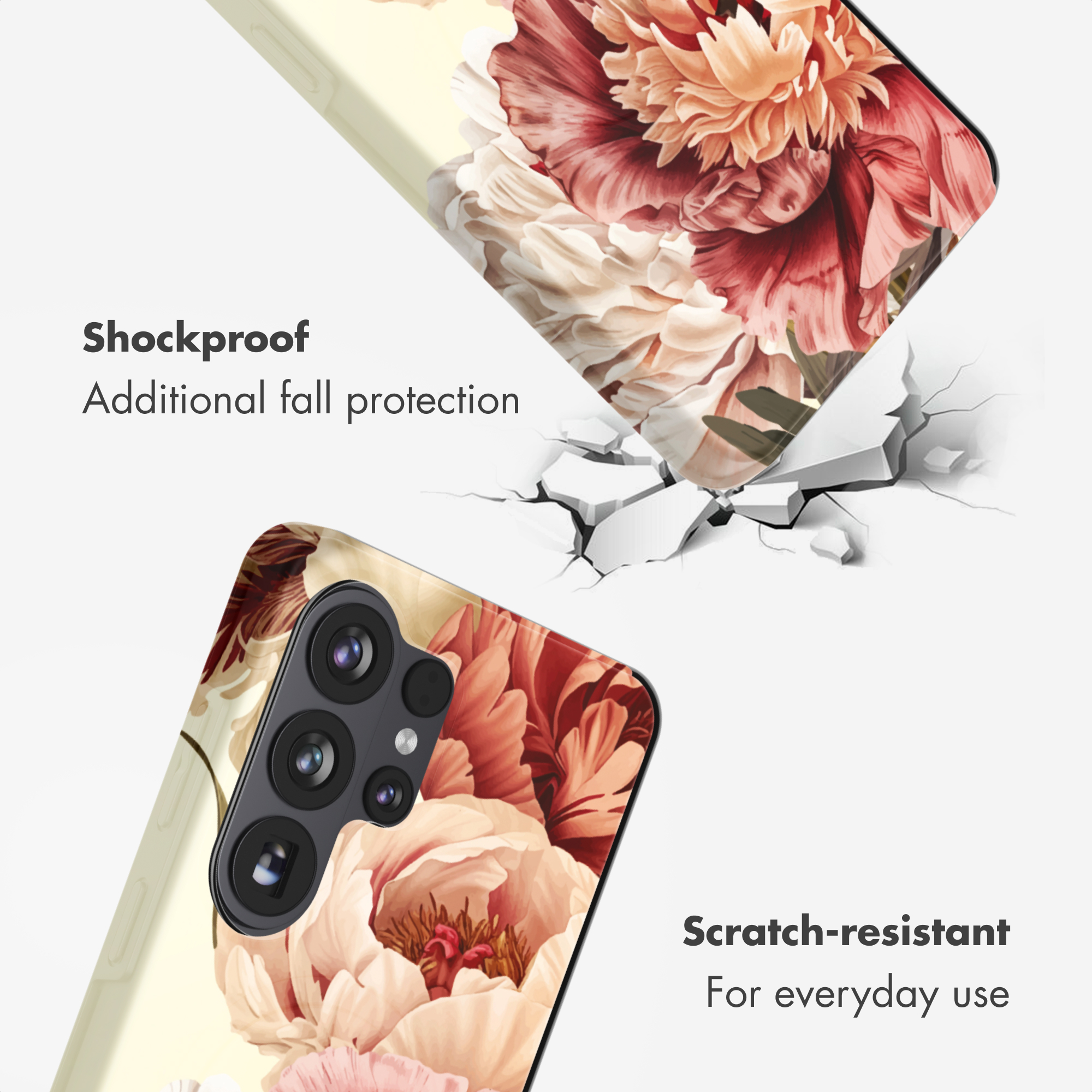 Funda de teléfono floral con texto que destaca su resistencia a golpes y arañazos.