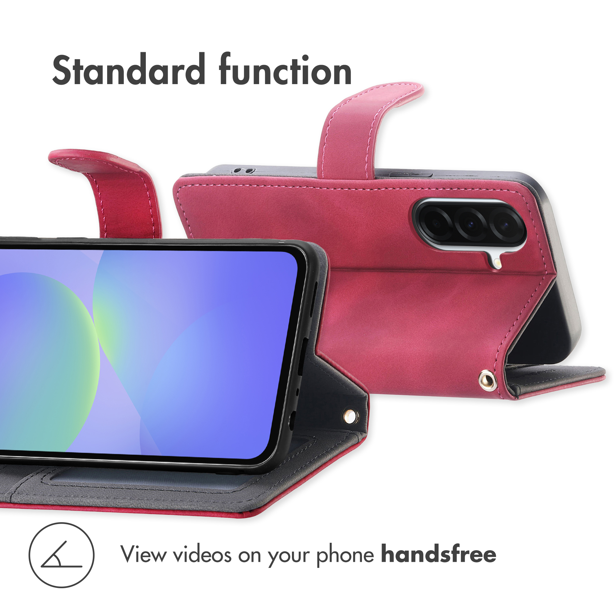 Custodia a portafoglio in pelle rosa per smartphone con supporto integrato.