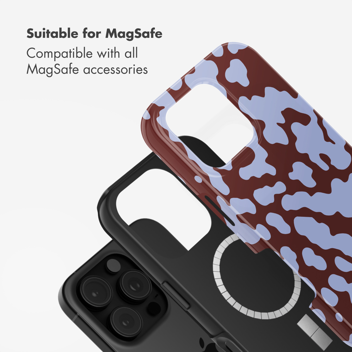 Cover per telefono compatibili MagSafe marroni e blu con stampa mucca, insieme a una cover nera.