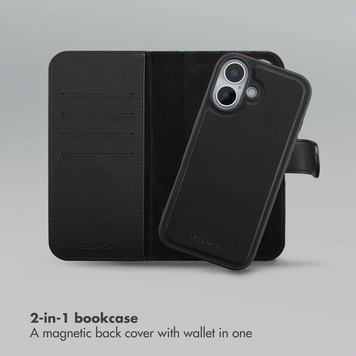 Custodia a libro nera 2 in 1 con portafoglio e cover magnetica.