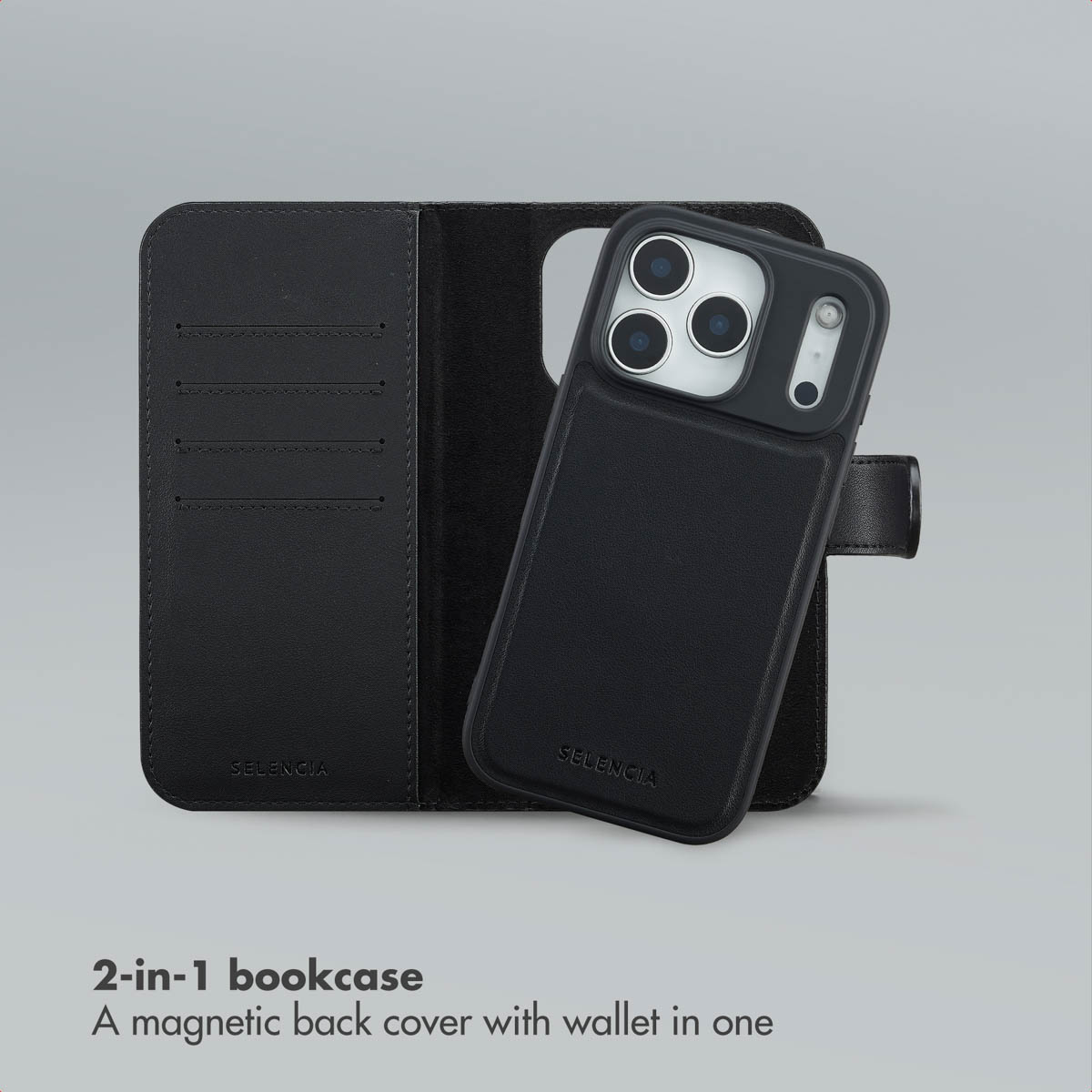 Funda tipo libro Selencia 2 en 1 negra con carcasa magnética desmontable y ranuras para tarjetas.