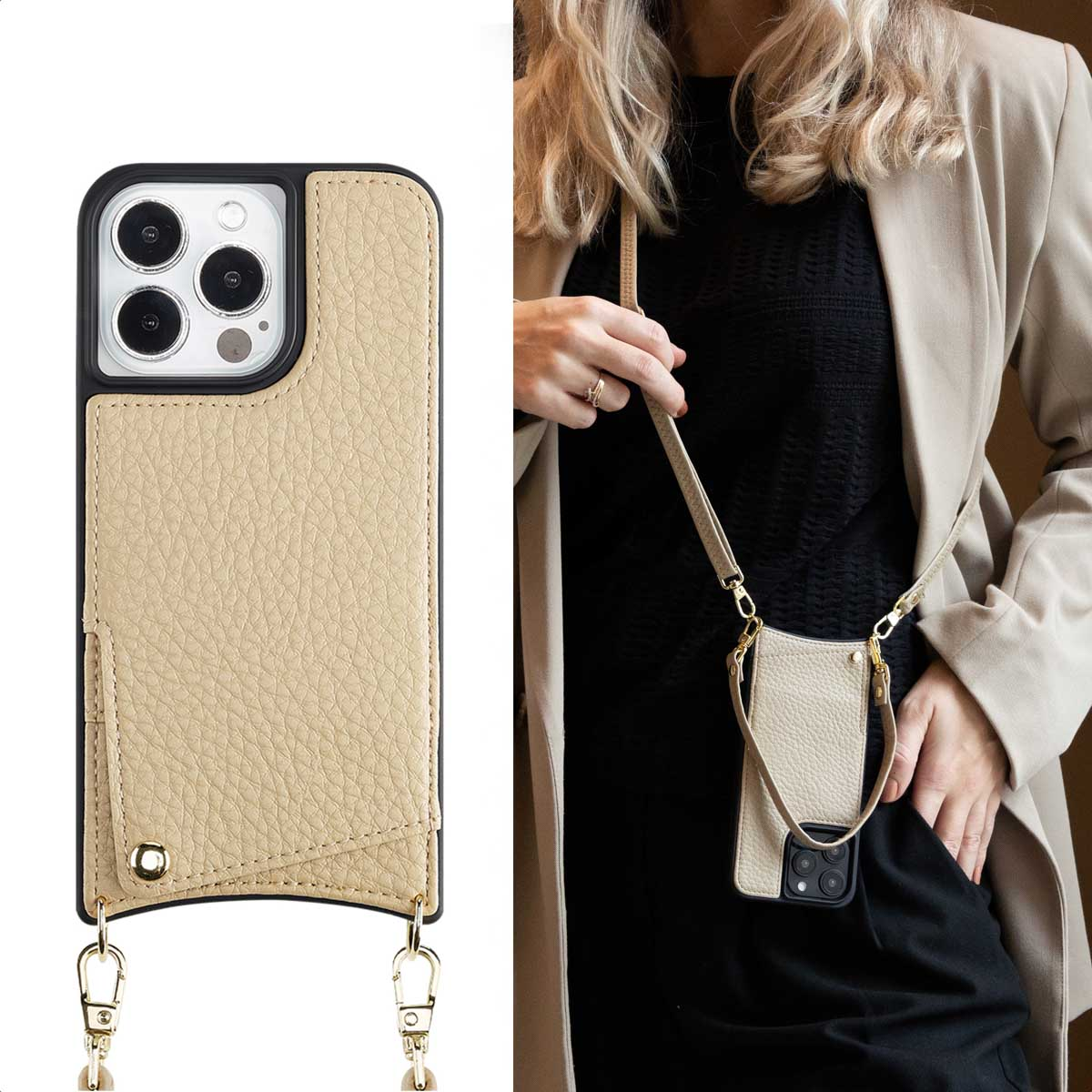 Funda de móvil de cuero beis con tarjetero y correa cruzada, mostrada en una mujer.