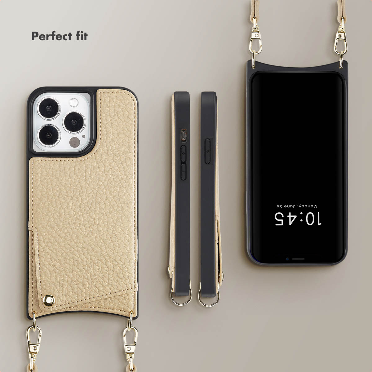 Funda de móvil de cuero beis con tarjetero, correa y vistas del smartphone en fondo gris.