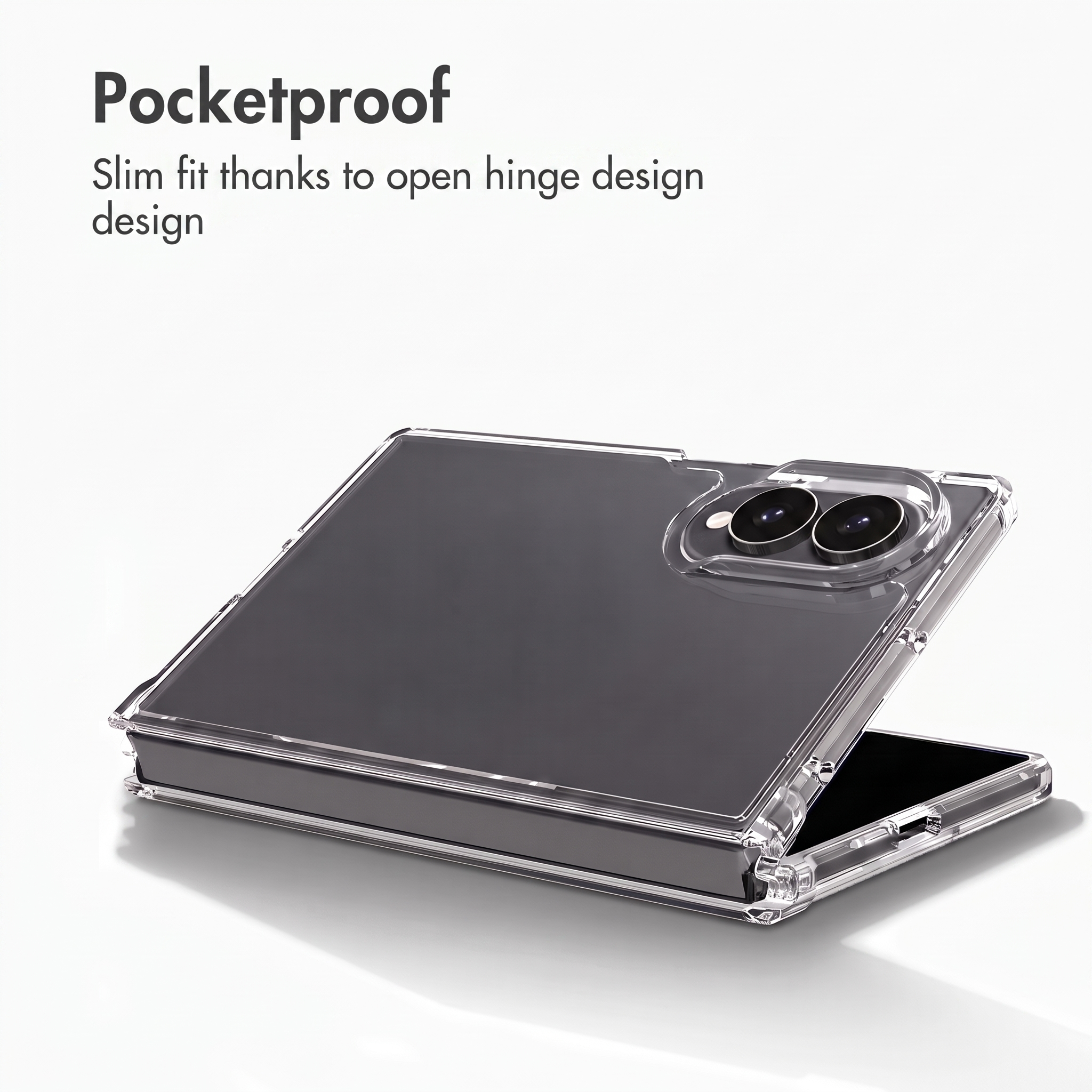 Un smartphone pliable dans une coque transparente sur fond blanc avec du texte sur son design fin.