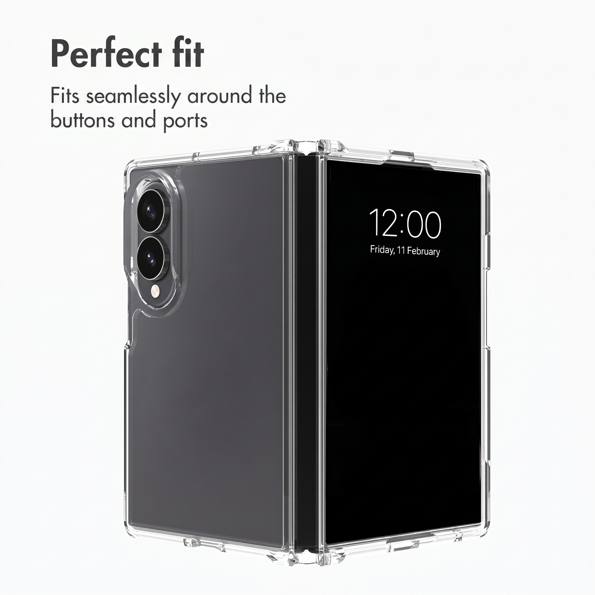 Un smartphone pliable dans une coque transparente sur fond blanc.