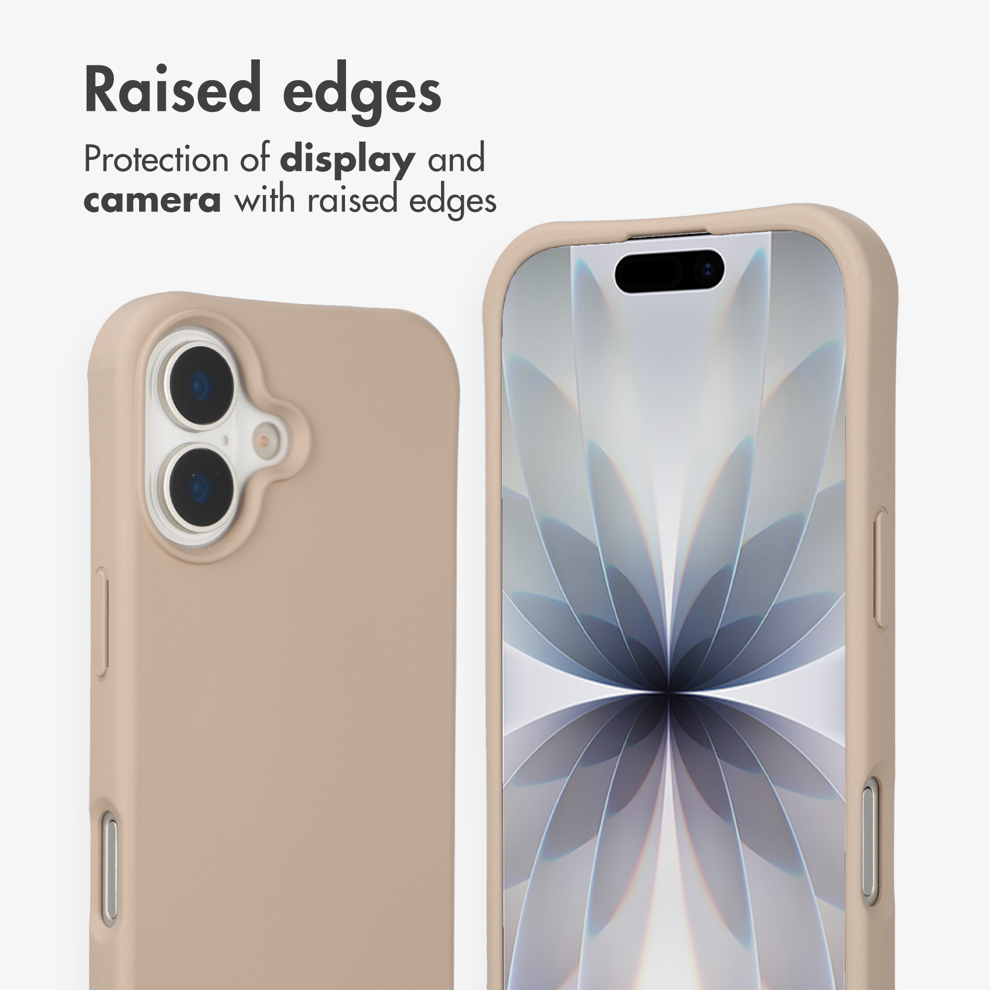 Beige Handyhüllen mit erhöhtem Rand zum Schutz von Kamera und Display, mit Text über Display-Schutz.