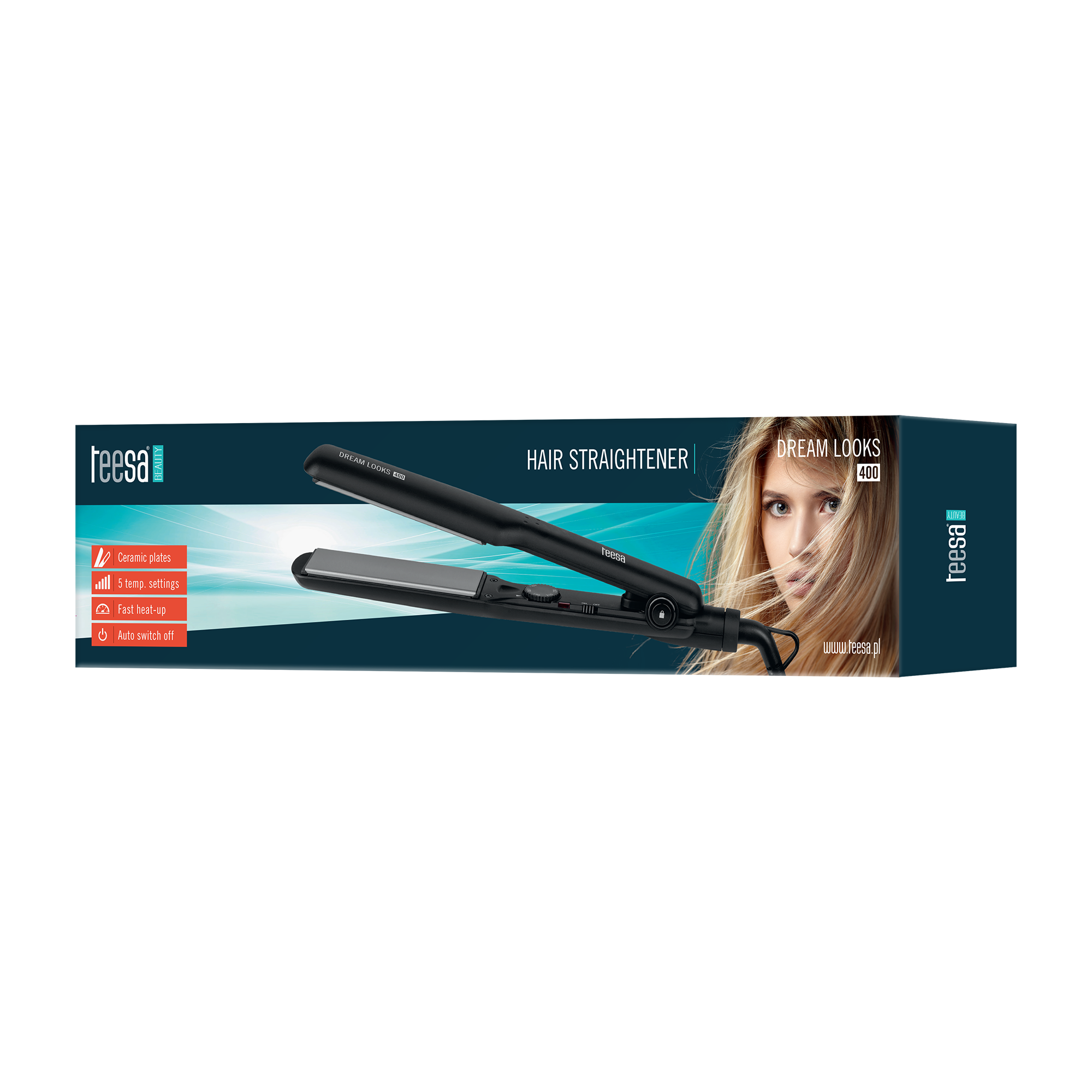 Opakowanie czarnej prostownicy do włosów Teesa Dream Looks 400 z blond kobietą na niebieskim tle.