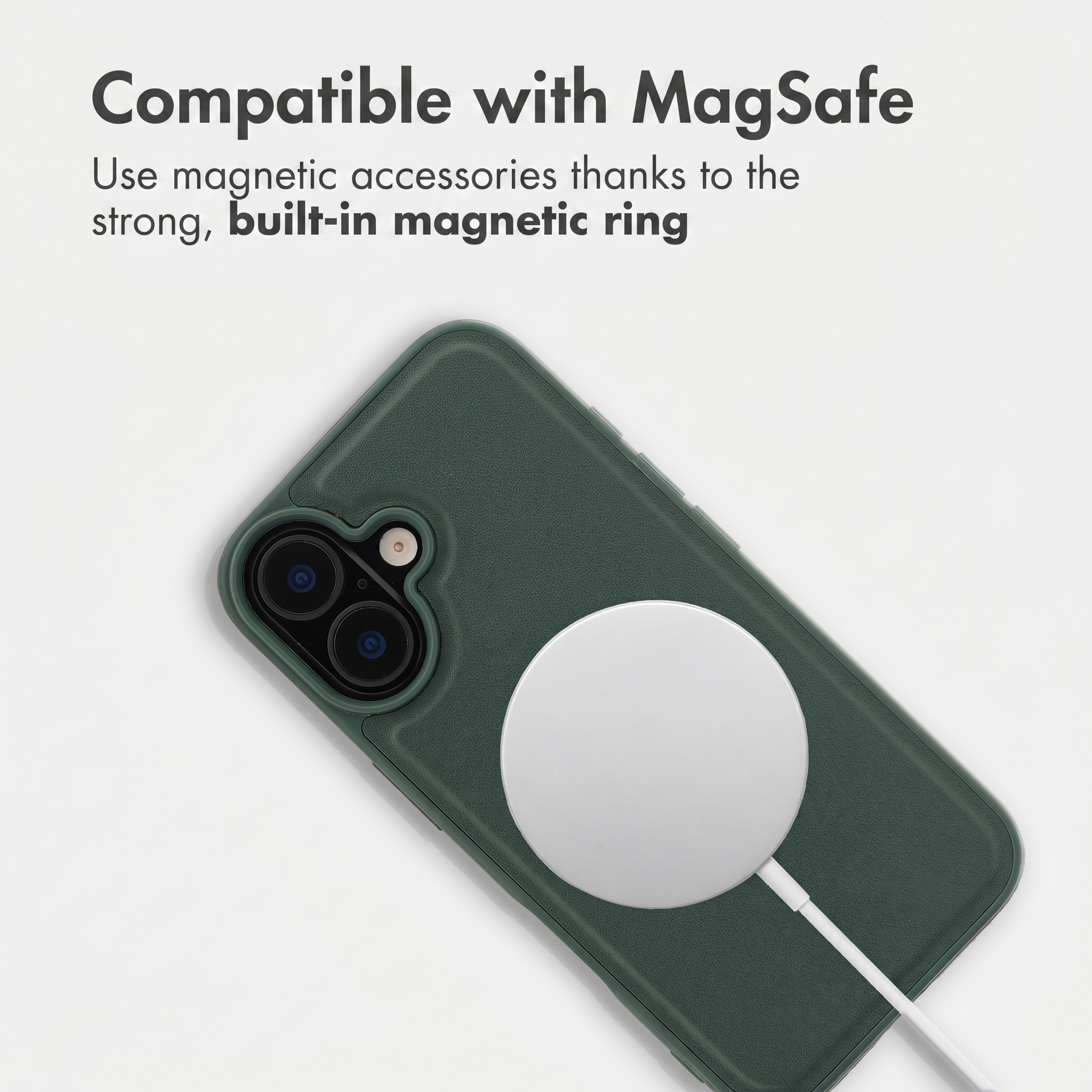 Green phone case with MagSafe charger on a white background, text at the top.
