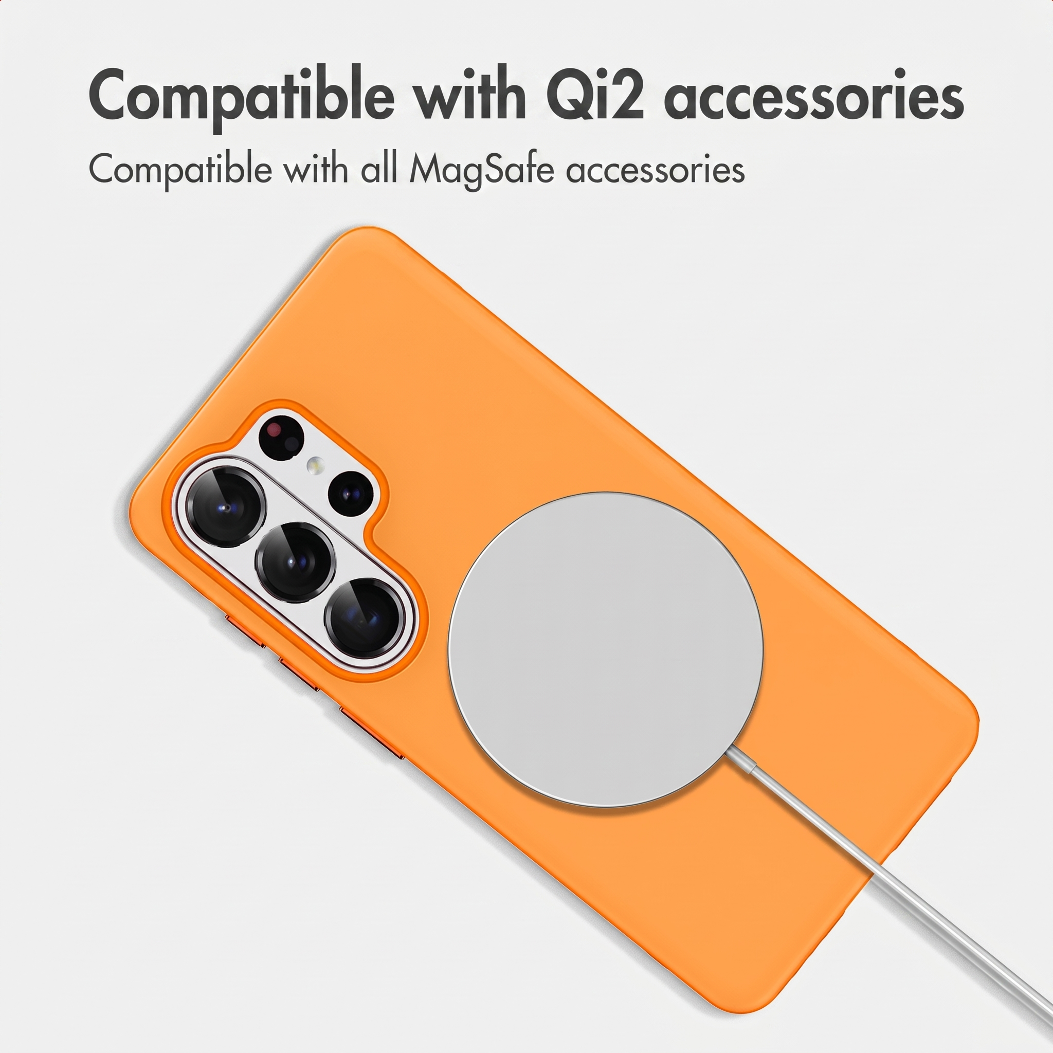 Orangefarbene Handyhülle mit kabellosem Ladegerät auf weißem Hintergrund und Text oben.