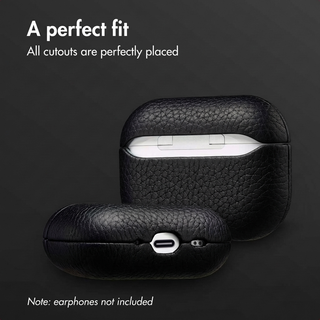 Custodia in pelle nera per AirPods mostrata in due viste con ritagli precisi su sfondo scuro.