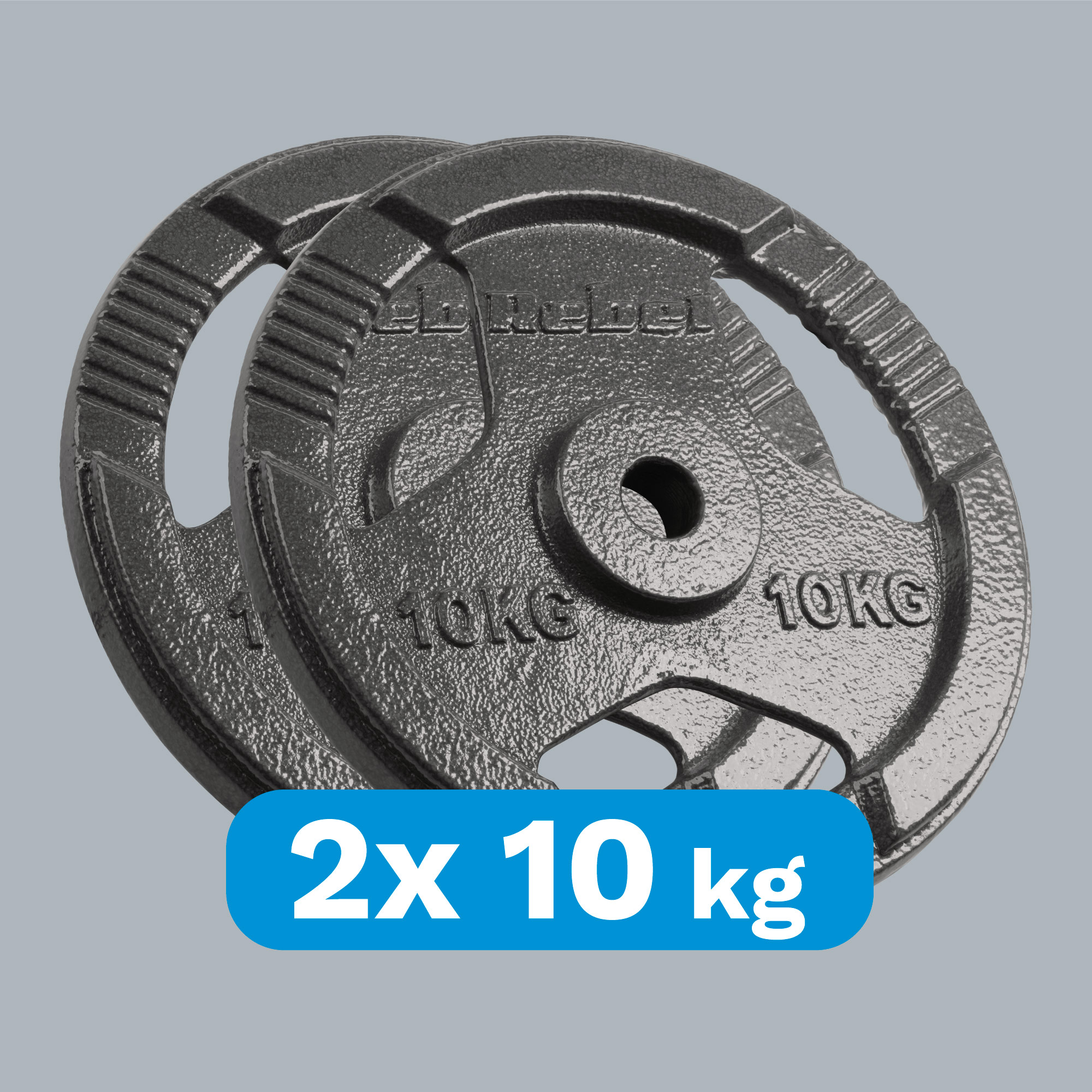 Dwa czarne talmierz obciążeniowe 10 kg na szarym tle z niebieskim napisem 2x 10 kg.