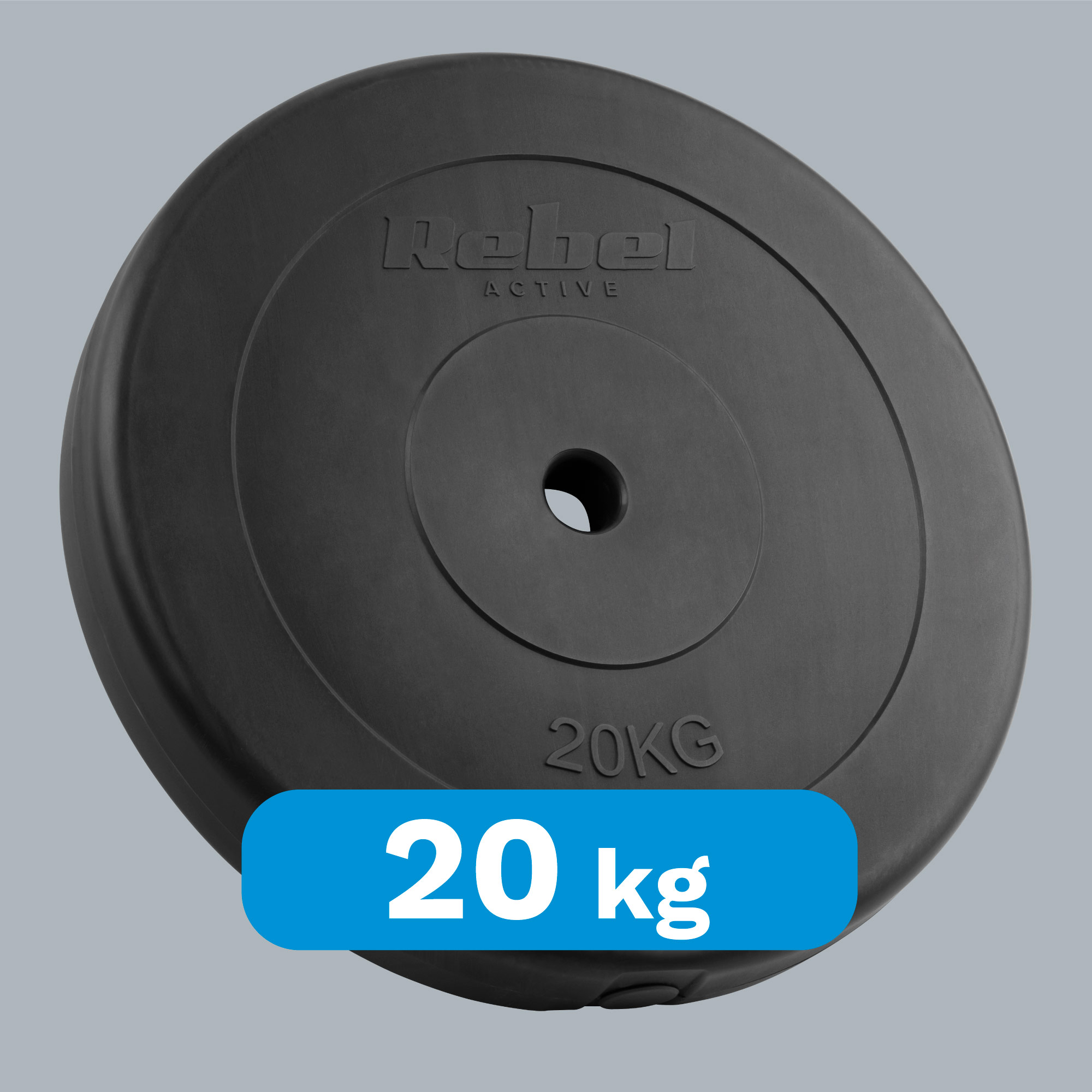 Czarny talerz obciążnikowy 20 kg Rebei Active na szarym tle.