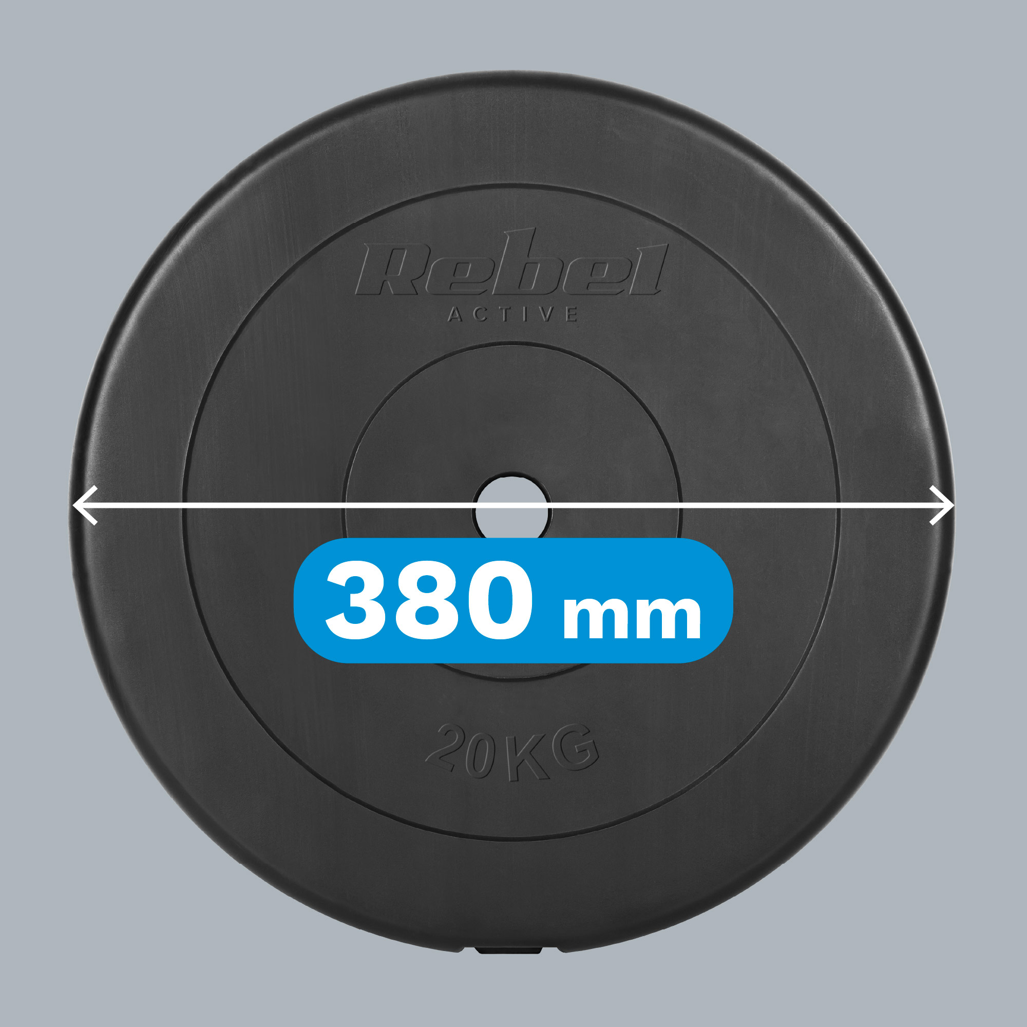 Czarny talerz obciążeniowy 20 kg marki Rebel Active o średnicy 380 mm.