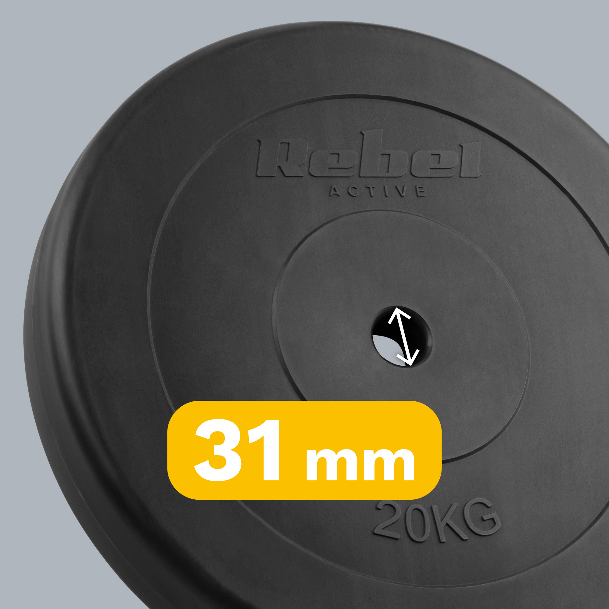 Czarny talerz obciążeniowy 20 kg o średnicy otworu 31 mm.