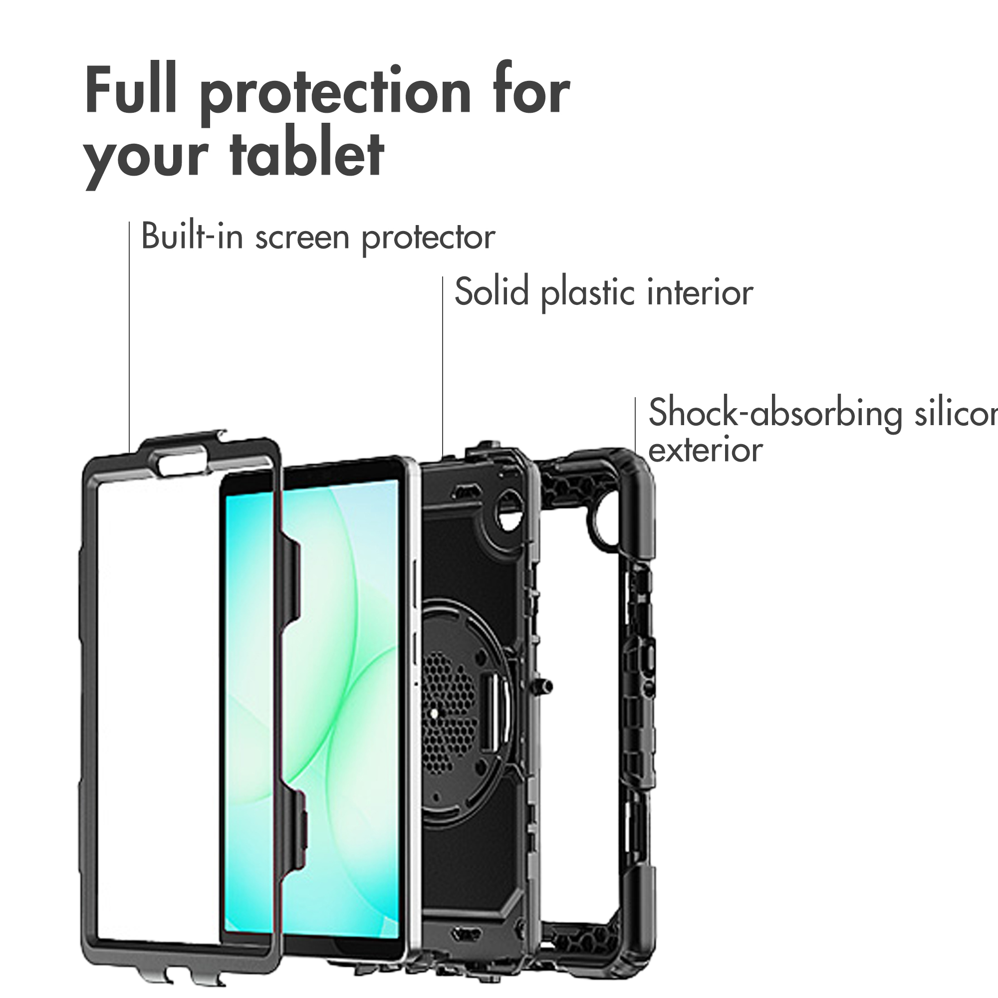 Vista esplosa di una custodia per tablet resistente, con protezione per lo schermo, interno in plastica ed esterno.