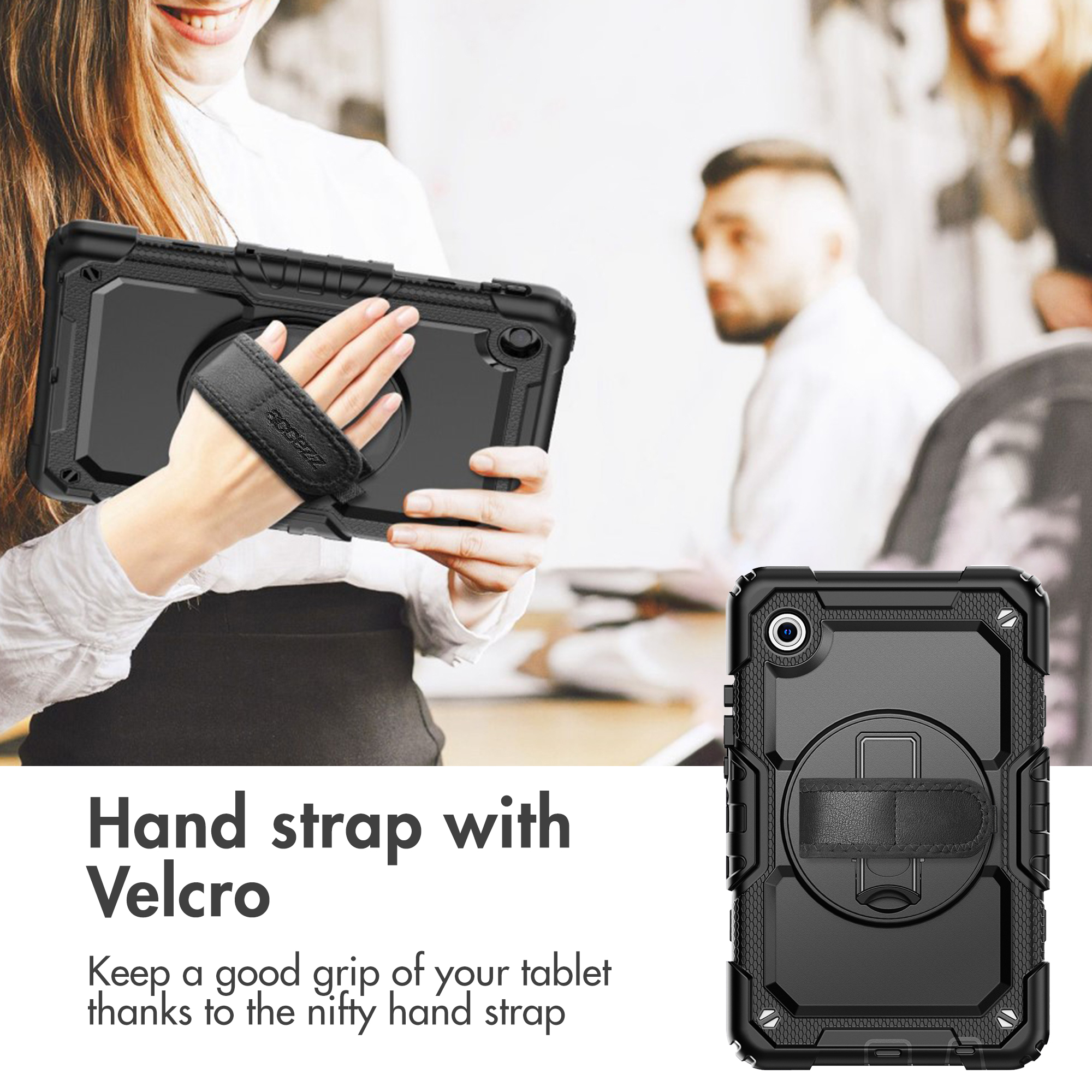 Una donna tiene in mano una custodia per tablet nera e robusta con cinturino in velcro in ufficio.