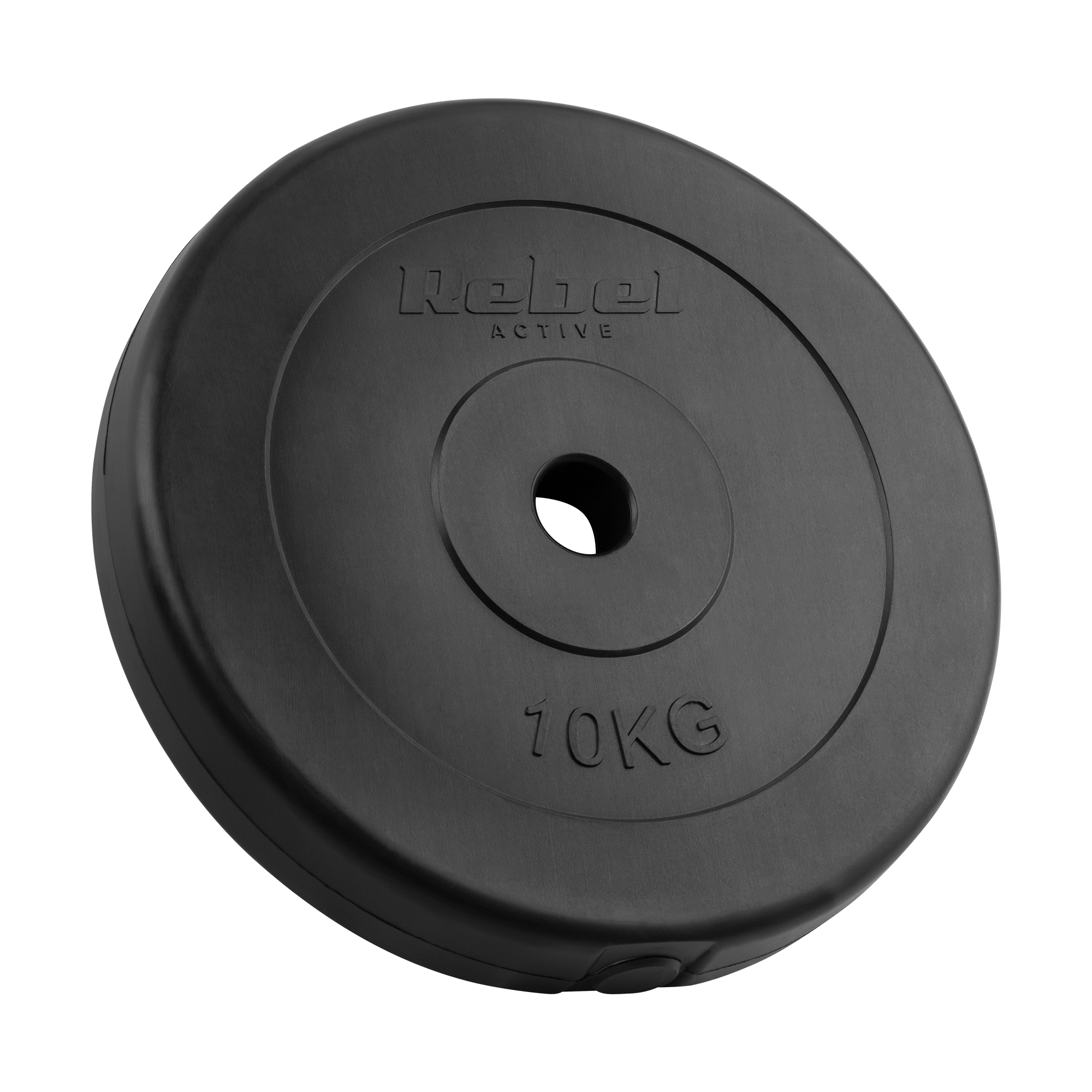 Czarny talerz obciążeniowy 10 kg z napisem Rebel Active na czarnym tle.