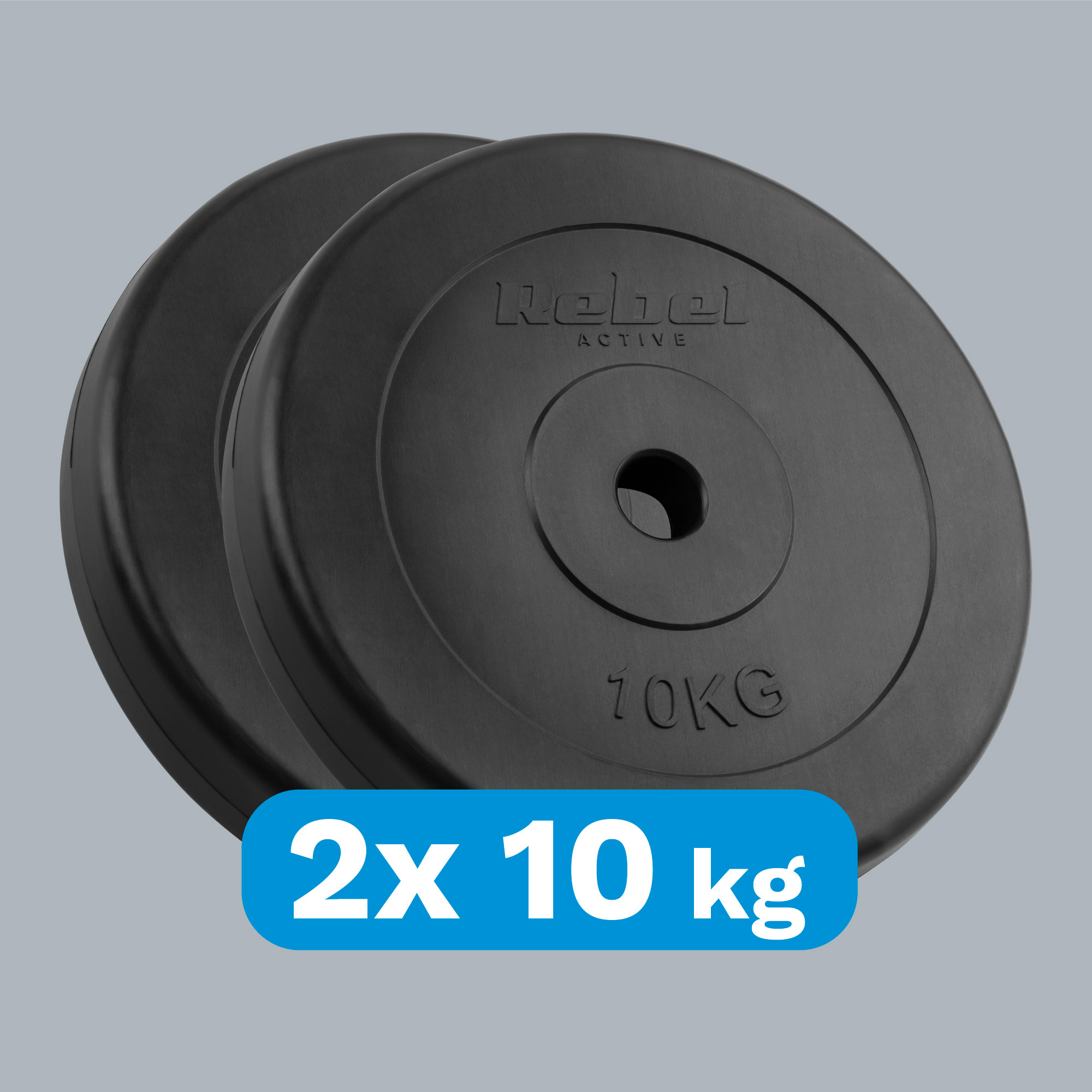 Dwa czarne talmierz obciążeniowe 10 kg marki Rebel Active na szarym tle.