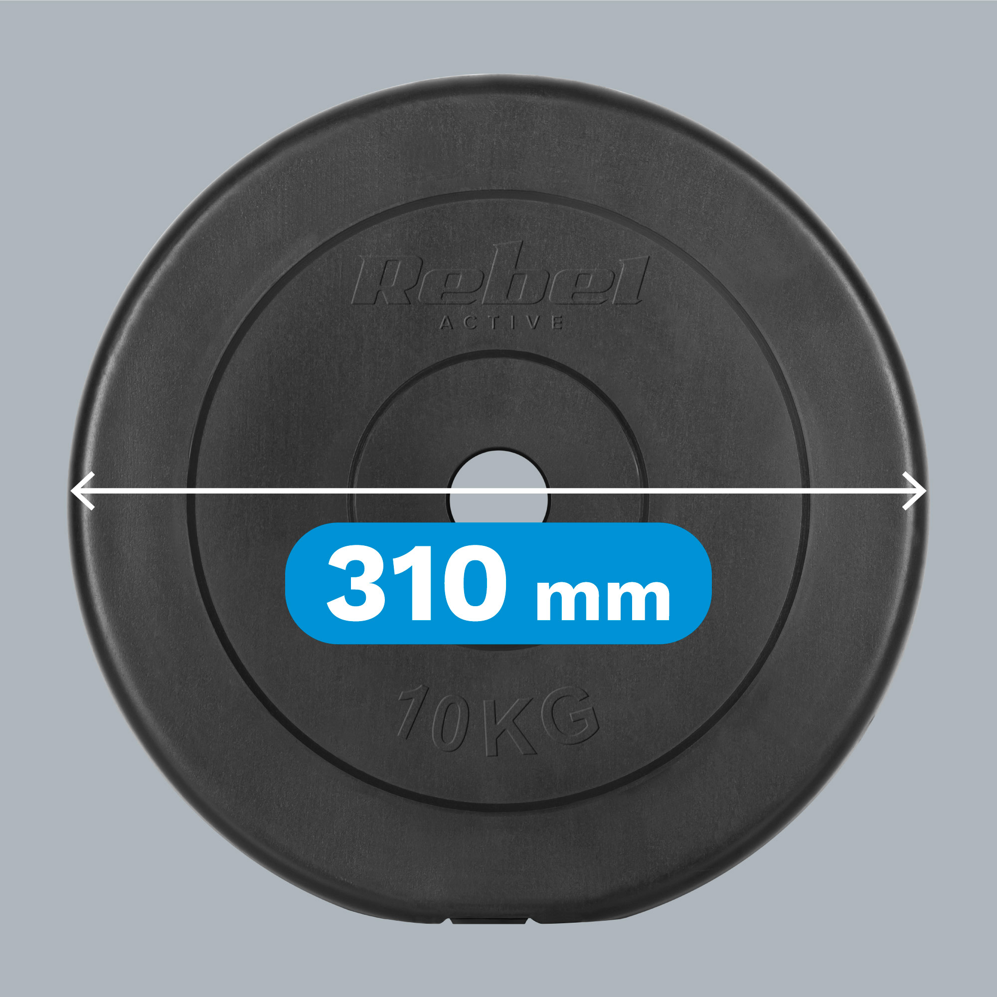 Czarny talerz obciążeniowy 10 kg z napisem Rebel Active i średnicą 310 mm na szarym tle.