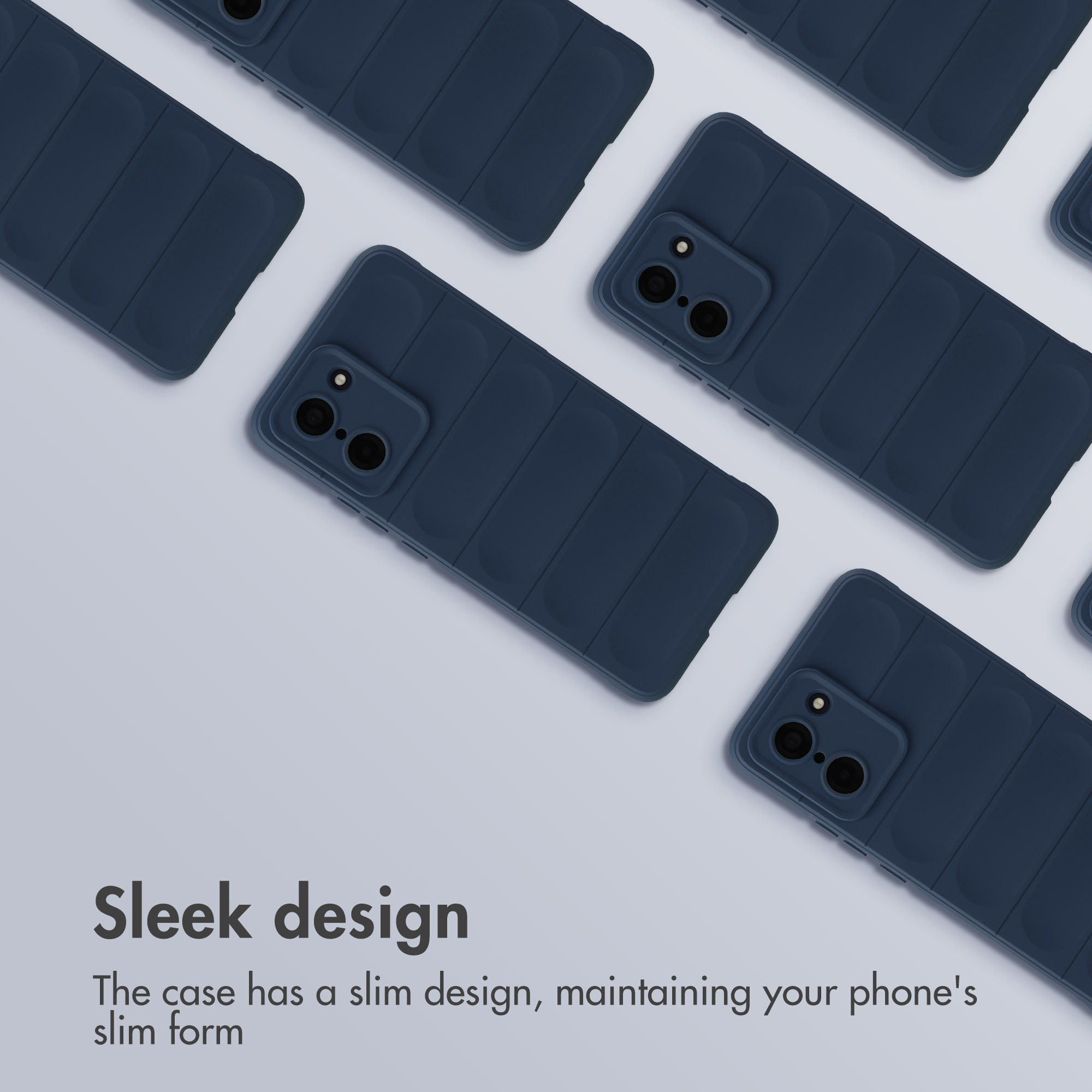 Meerdere donkerblauwe, puffer-stijl telefoonhoesjes zijn schuin geplaatst op een grijze achtergrond.