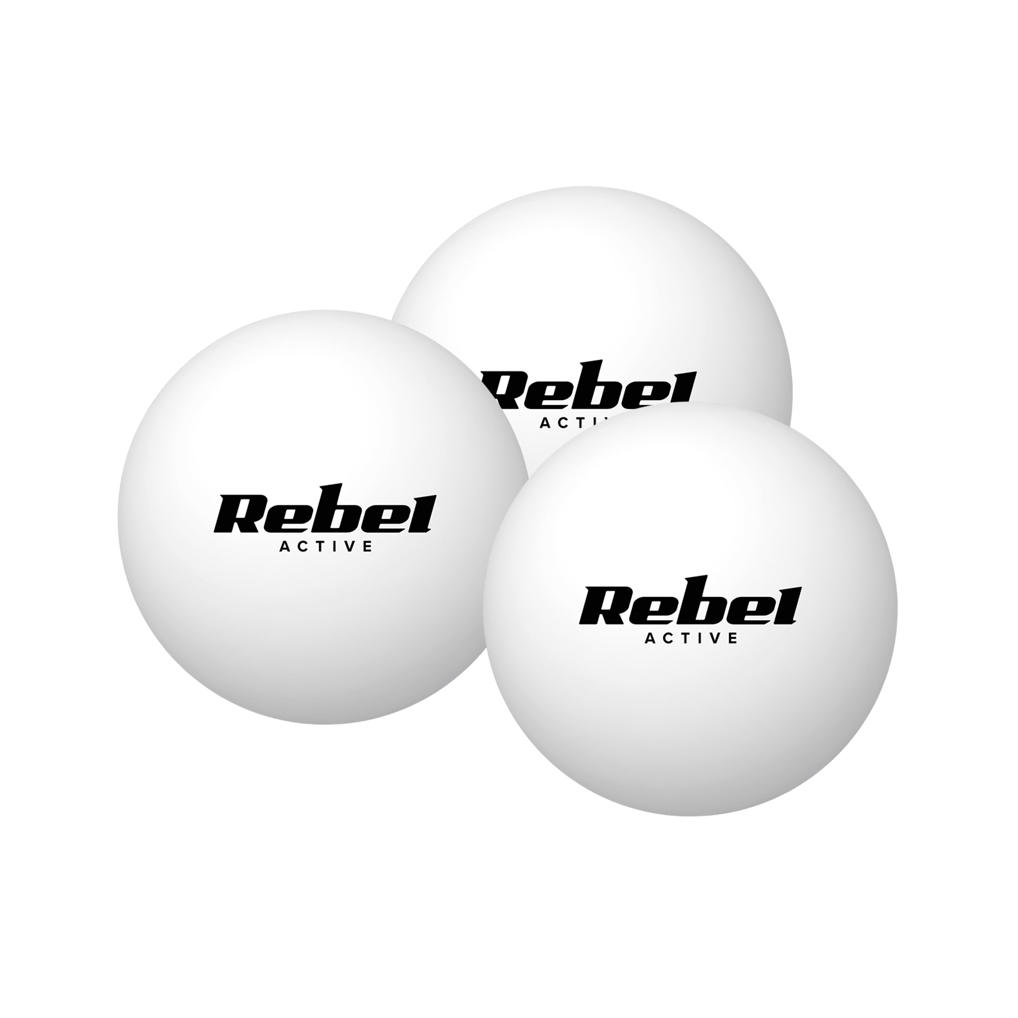 Trzy białe piłeczki pingpongowe z czarnym logo Rebel Active na czarnym tle.