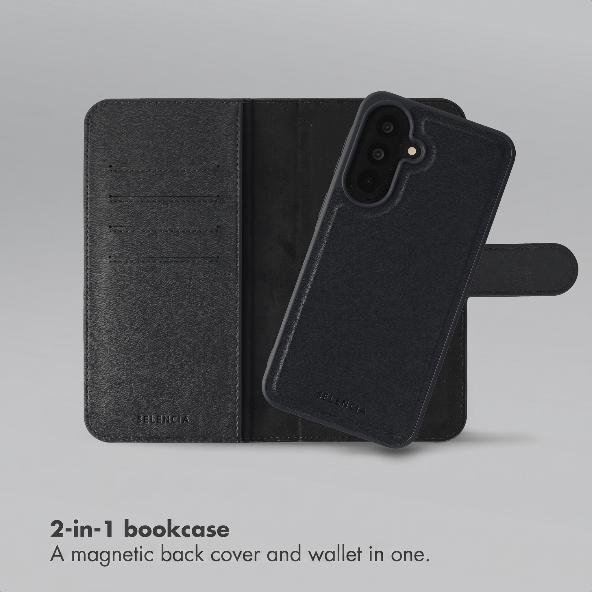 Black leather bookcase with a magnetic cover for smartphones.