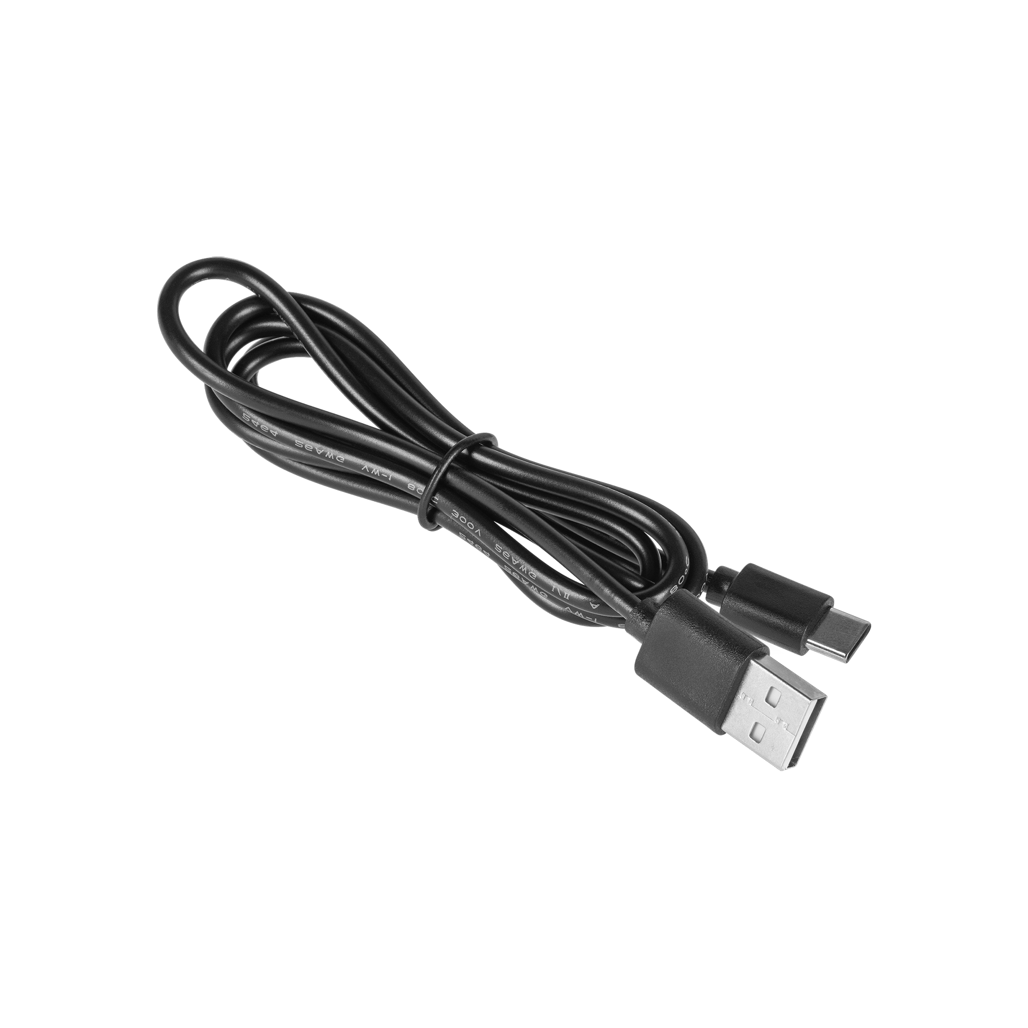 Zwinięty czarny kabel USB ze złączem USB-A i USB-C na czarnym tle.