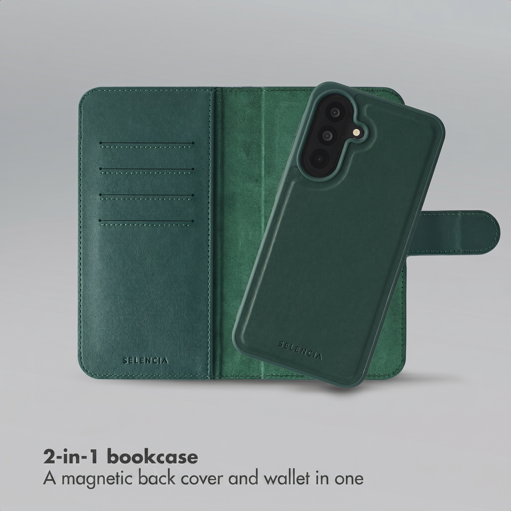 Green 2-in-1 bookcase with magnetic back cover and wallet.