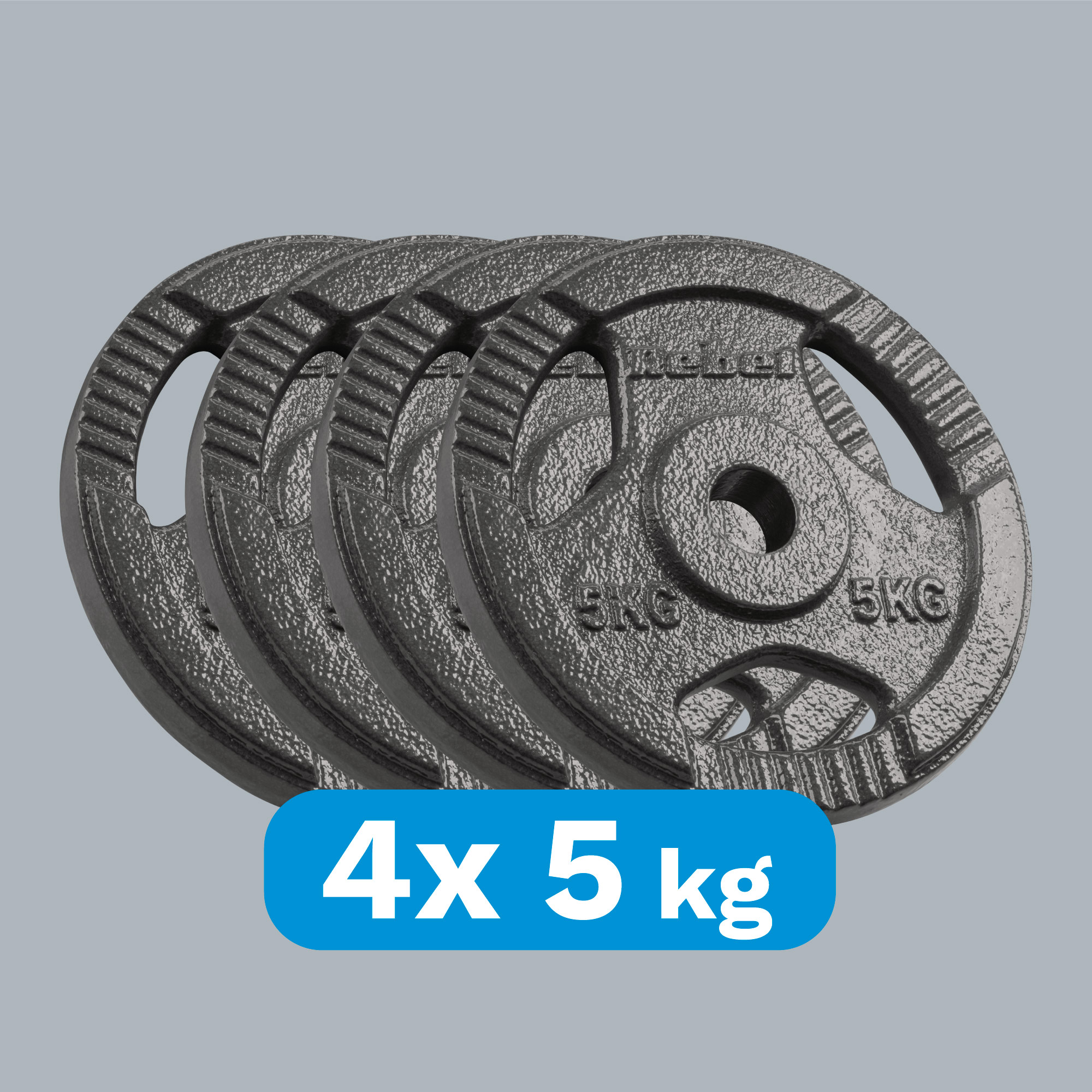 Cztery szare taldze obciazeniowe 5 kg z uchwytami, ustawione na neutralnym tle.
