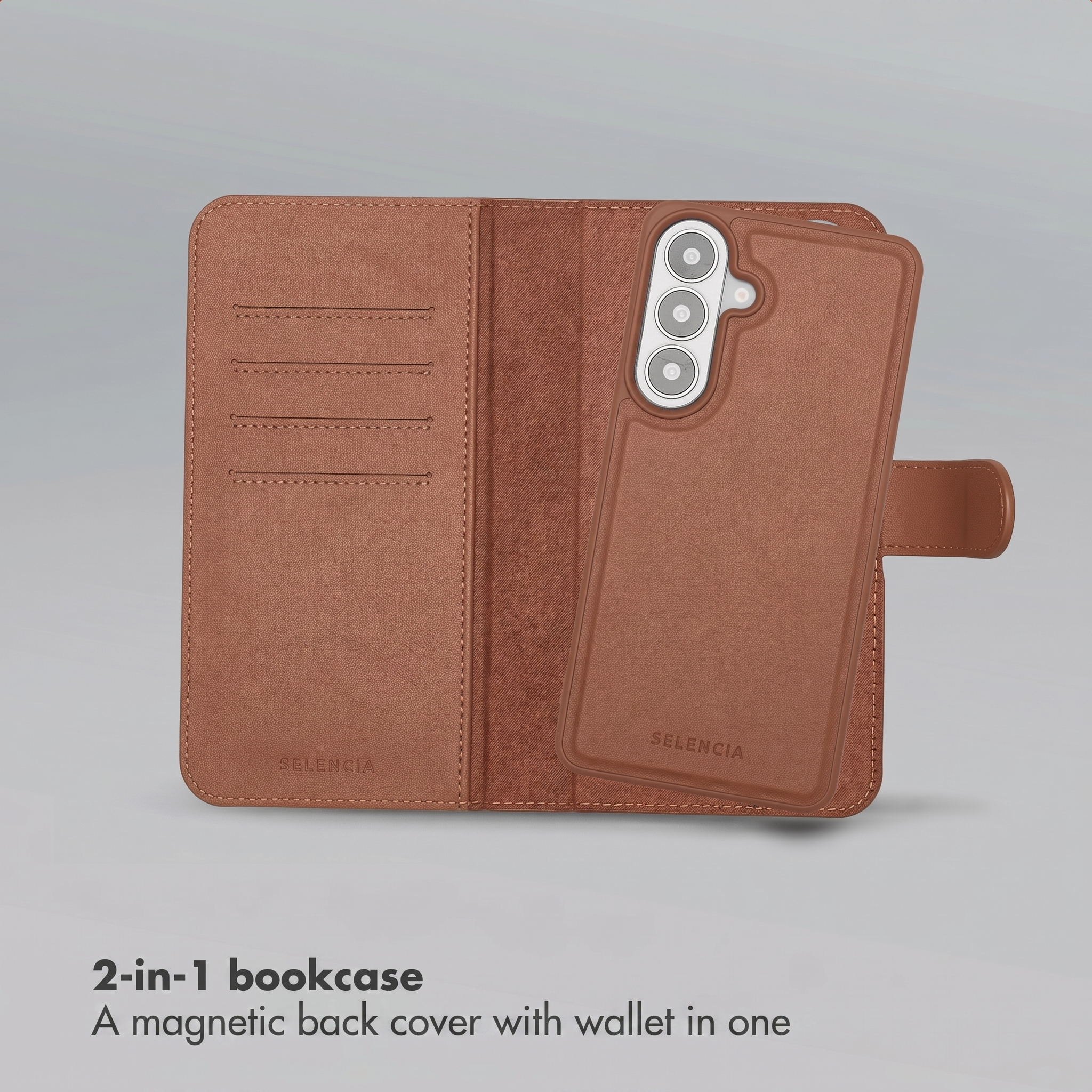 Una funda de libro de cuero marrón con carcasa magnética integrada para un móvil con tres cámaras.