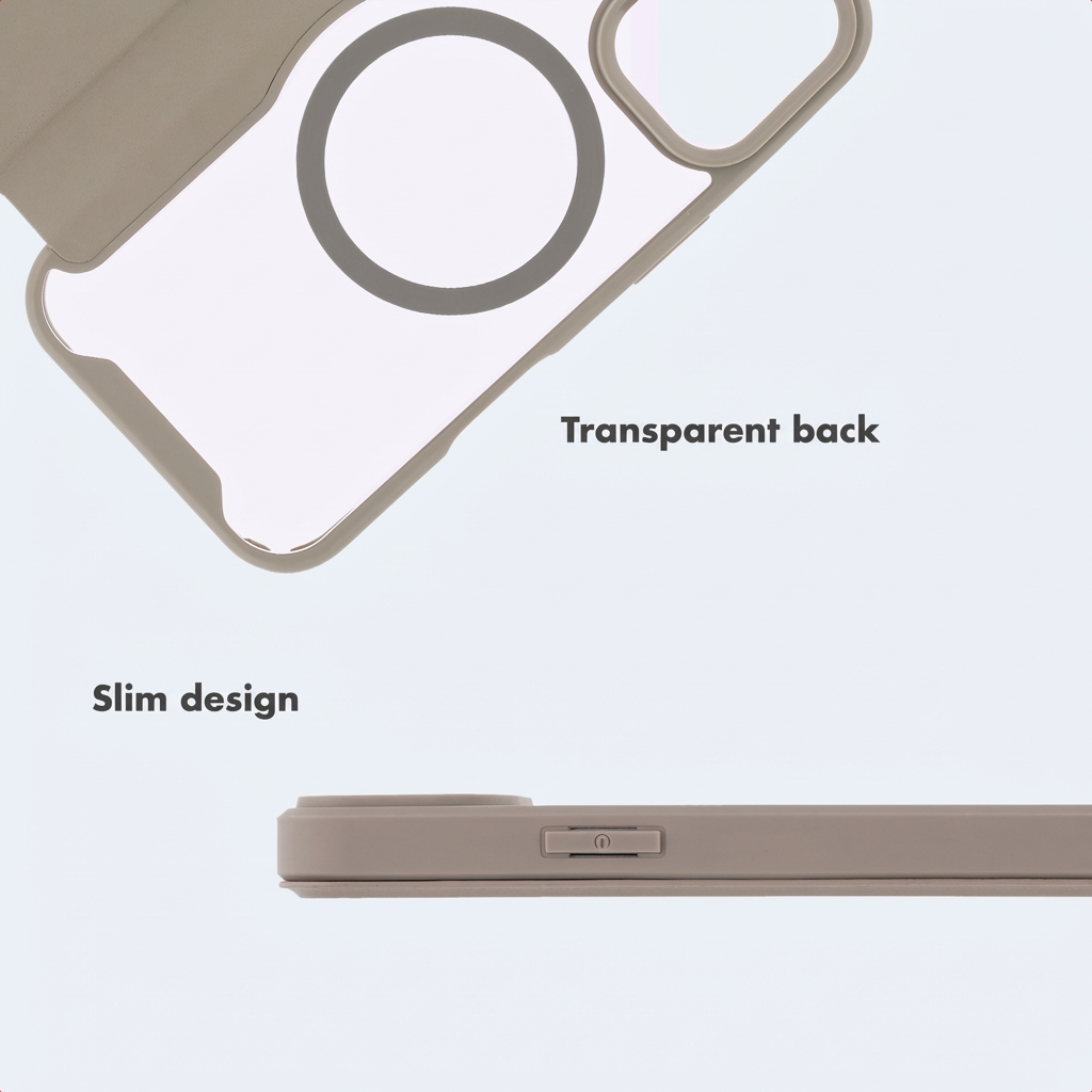 Beigefarbene Handyhülle mit transparentem Rücken und schlankem Design.