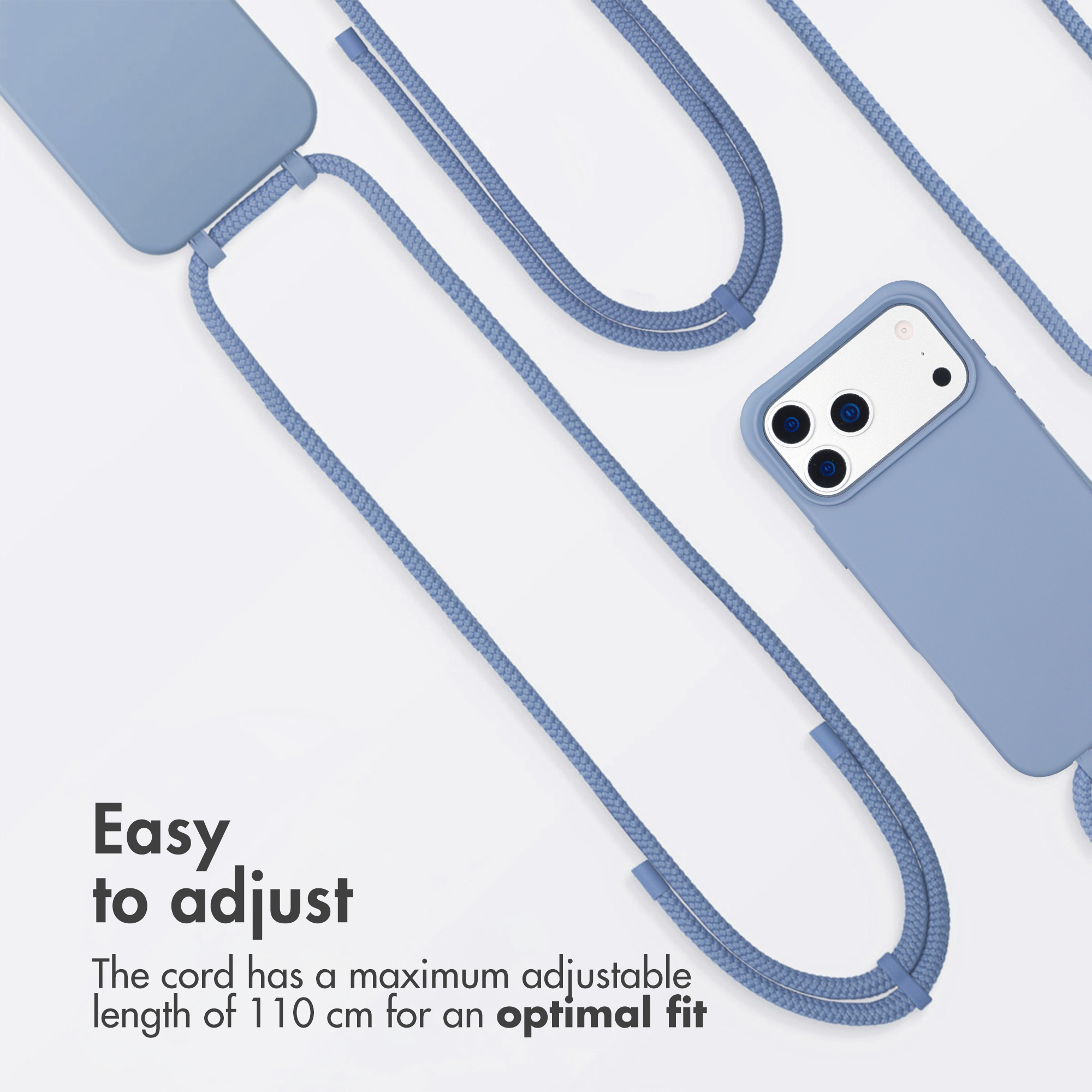 Telefono azzurro in custodia di silicone con cordino regolabile su sfondo bianco.