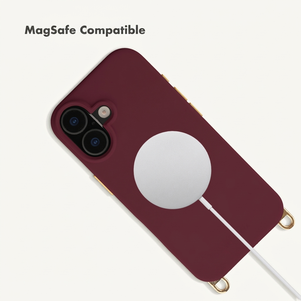 Funda de teléfono roja oscura compatible con MagSafe con cargador blanco sobre fondo blanco.