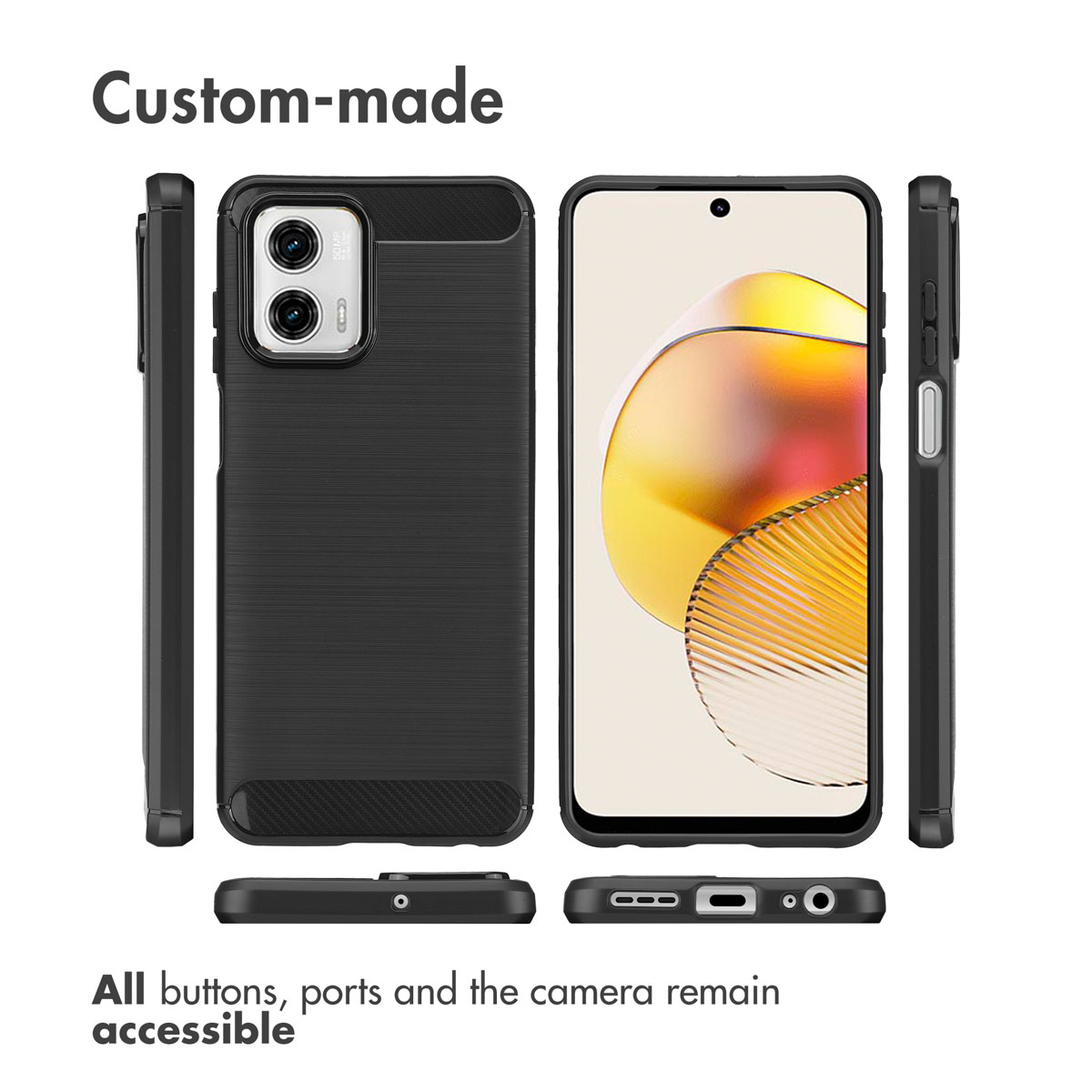 Custodia protettiva nera per smartphone mostrata da più angolazioni, con ritagli per fotocamera e pulsanti.