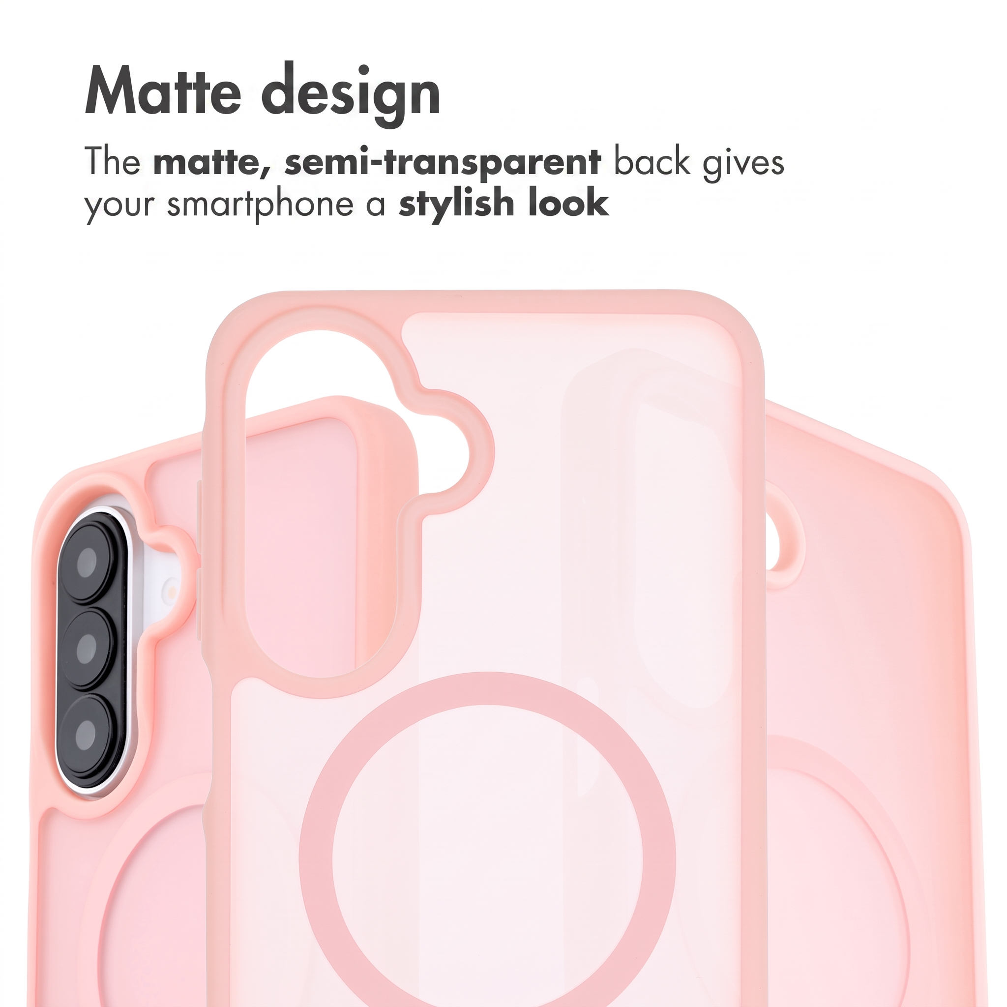Drei matte, rosafarbene Smartphone-Hüllen mit integriertem Ring für kabelloses Laden und Kameramodul-Aussparung.