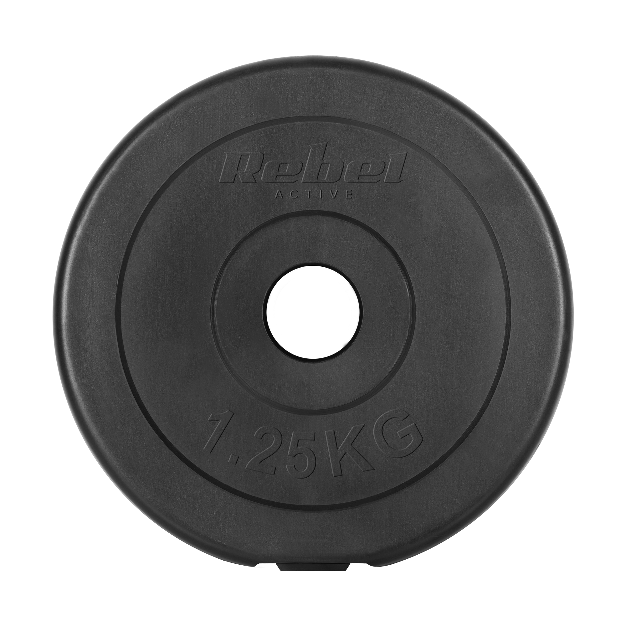 Czarny talerz obciążeniowy 1,25 kg z napisem Rebel Active na czarnym tle.