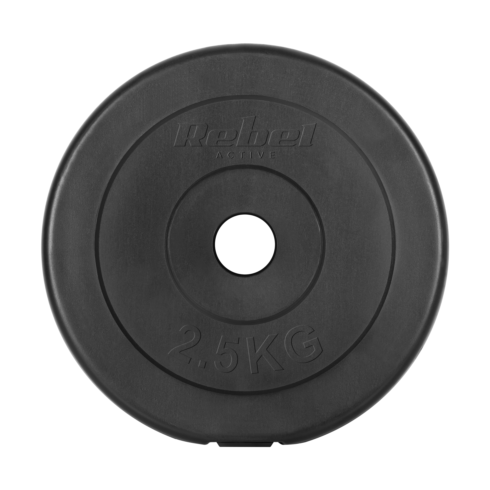 Czarny talerz obciążeniowy 2,5 kg z napisem Rebel Active na czarnym tle.