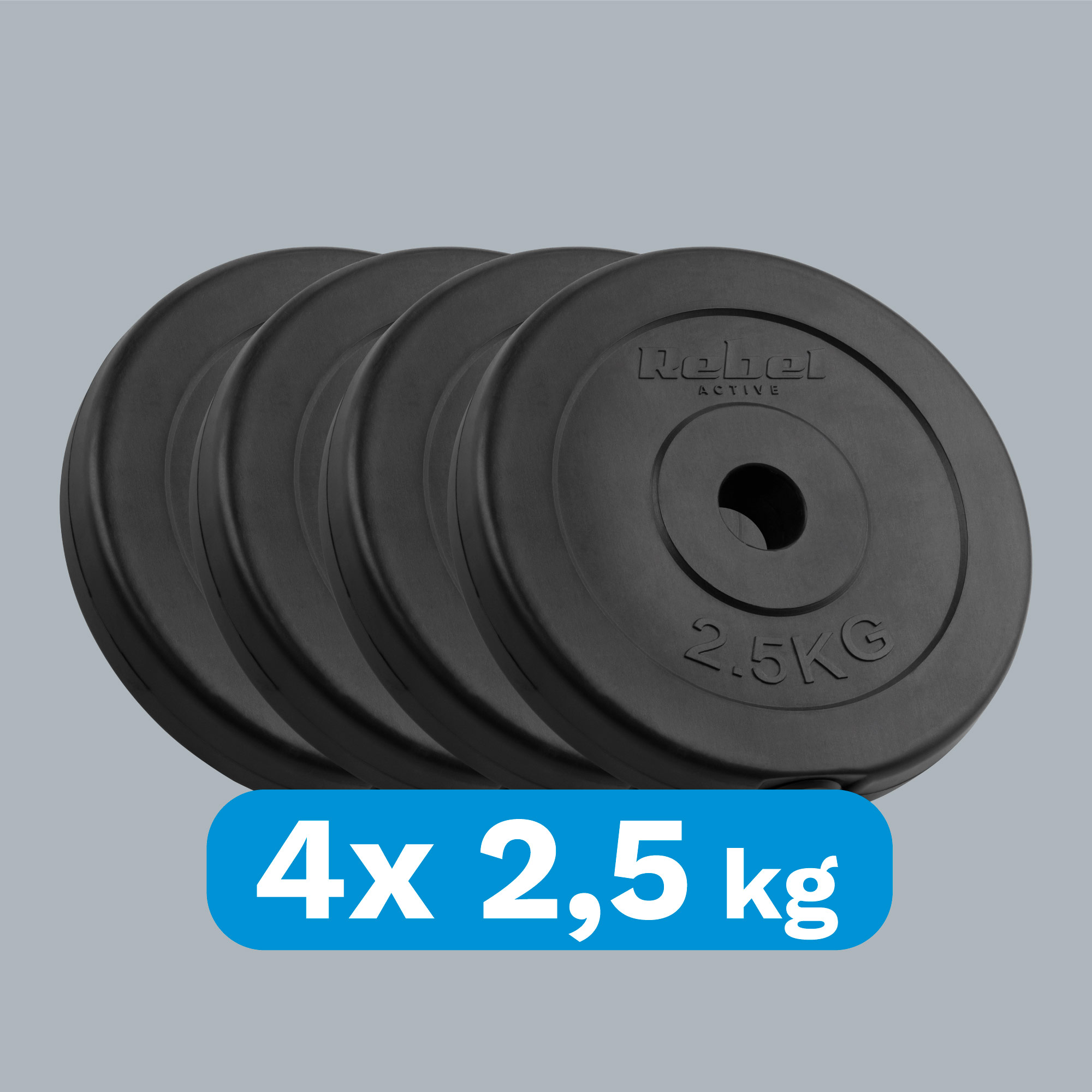 Cztery czarne talże obciążeniowe 2,5 kg ułożone na jasnoszarym tle z niebieską etykietą.