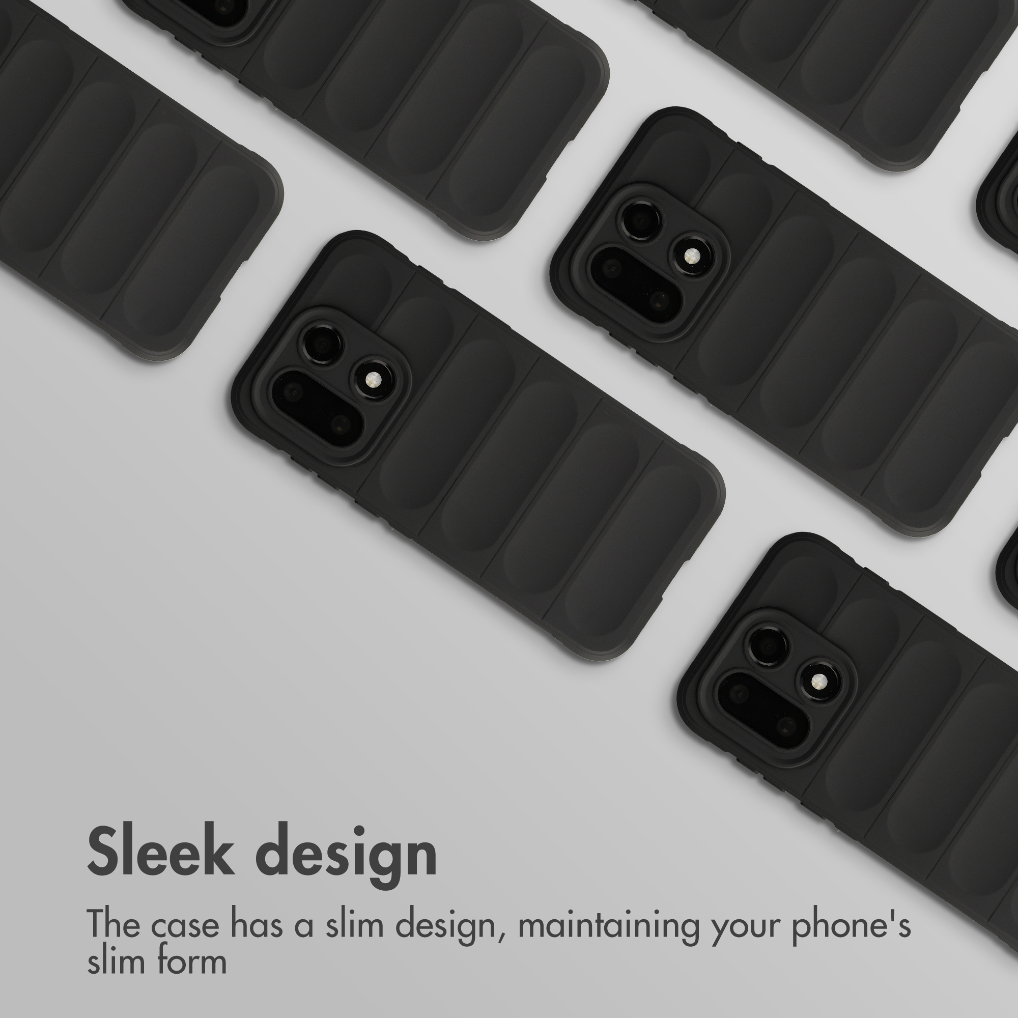 Un motivo di custodie nere per smartphone su sfondo grigio con testo sul design sottile.