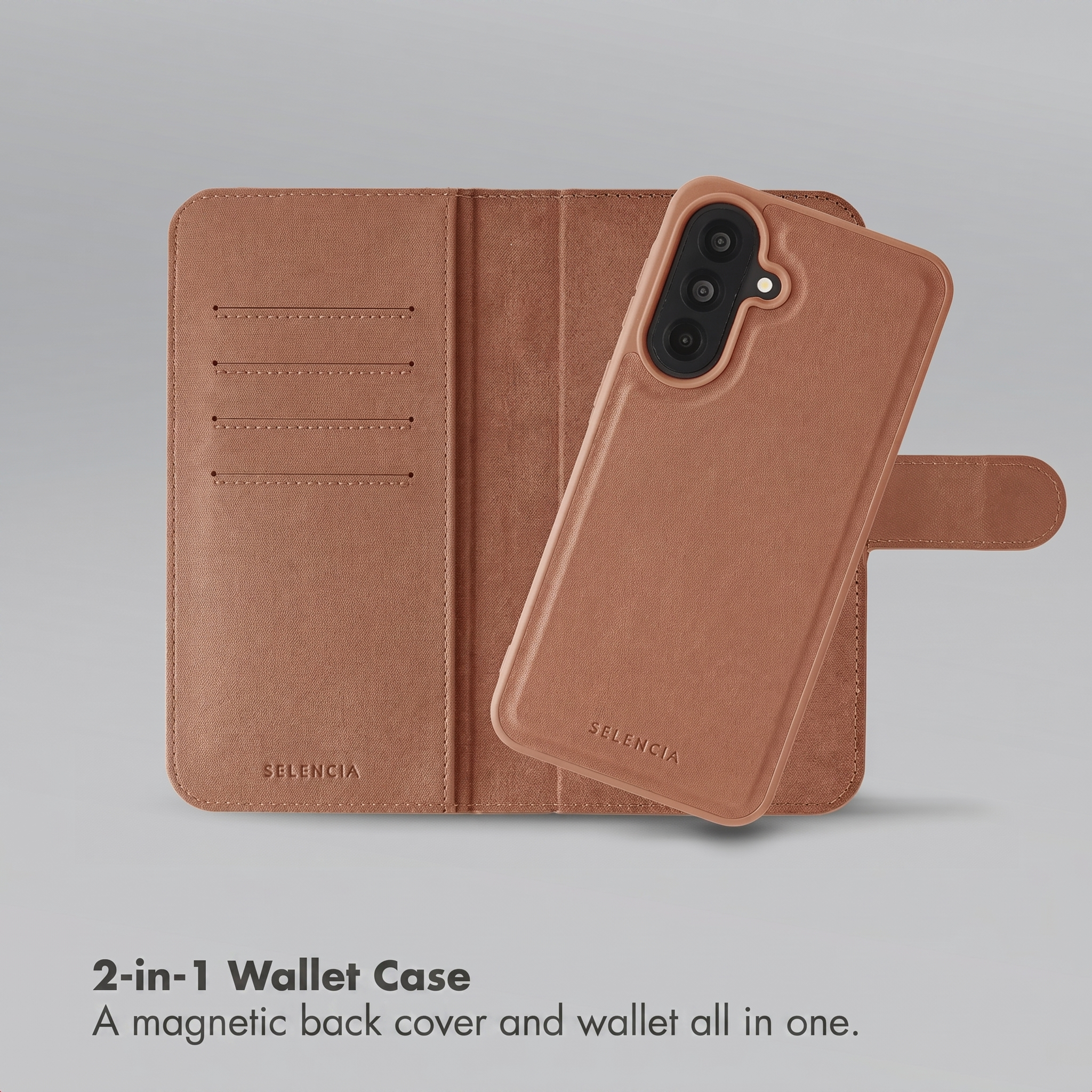 Brown leather 2-in-1 wallet phone case with a magnetic back cover and card slots on a light gray background.