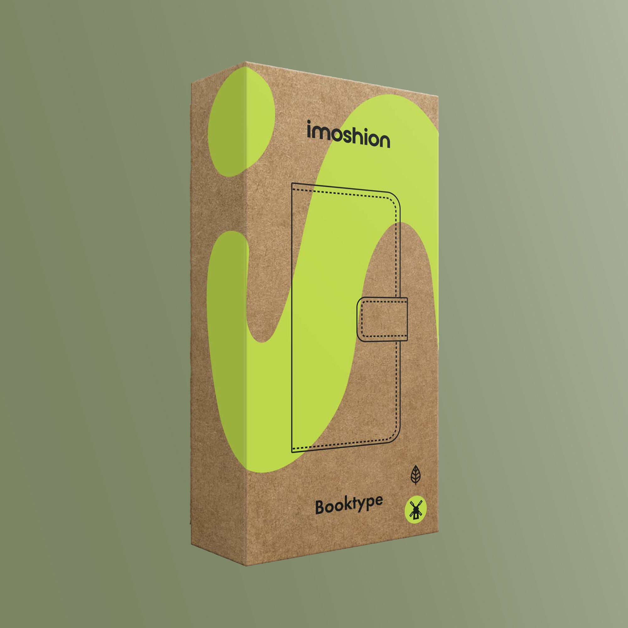 Boîte en carton pour étui de téléphone imoshion Booktype avec accents verts sur fond vert.