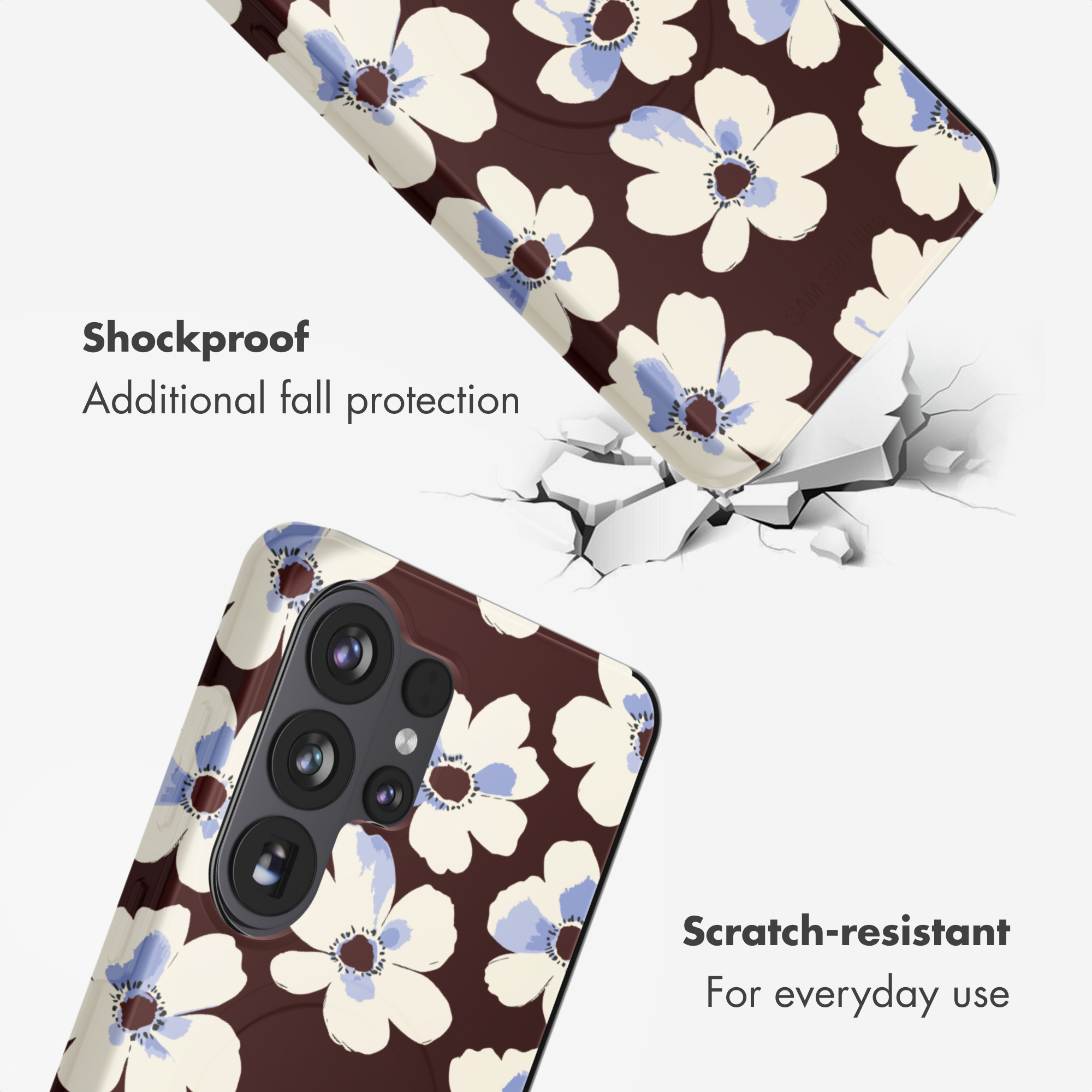 Funda de teléfono floral marrón a prueba de golpes.