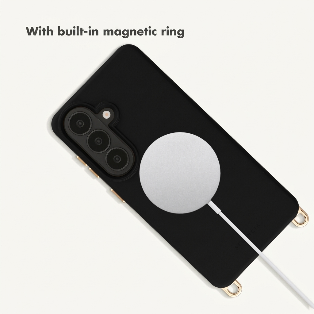 Eine schwarze Handytasche mit einem magnetischen Lade-Pad auf der Rückseite auf weißer Fläche.