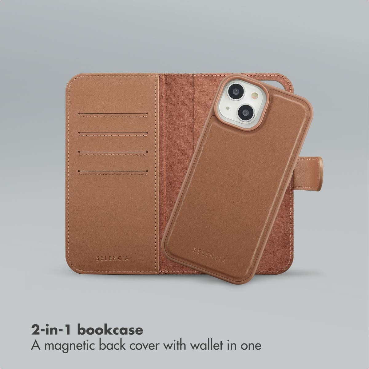 Custodia a libro 2 in 1 in pelle marrone con cover posteriore magnetica e porta carte su sfondo grigio.