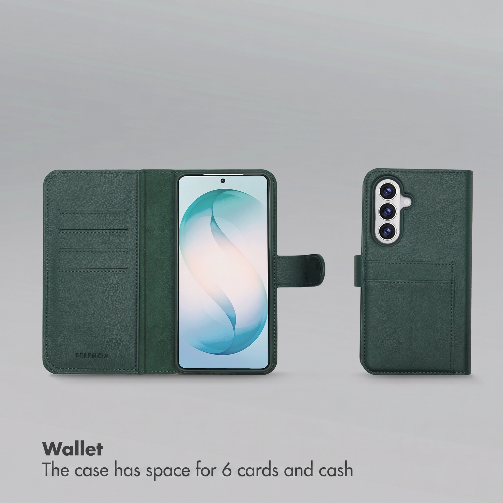 Funda de cuero verde oscuro para teléfono, abierta con ranuras para tarjetas y cerrada con recorte de cámara en fondo gris.