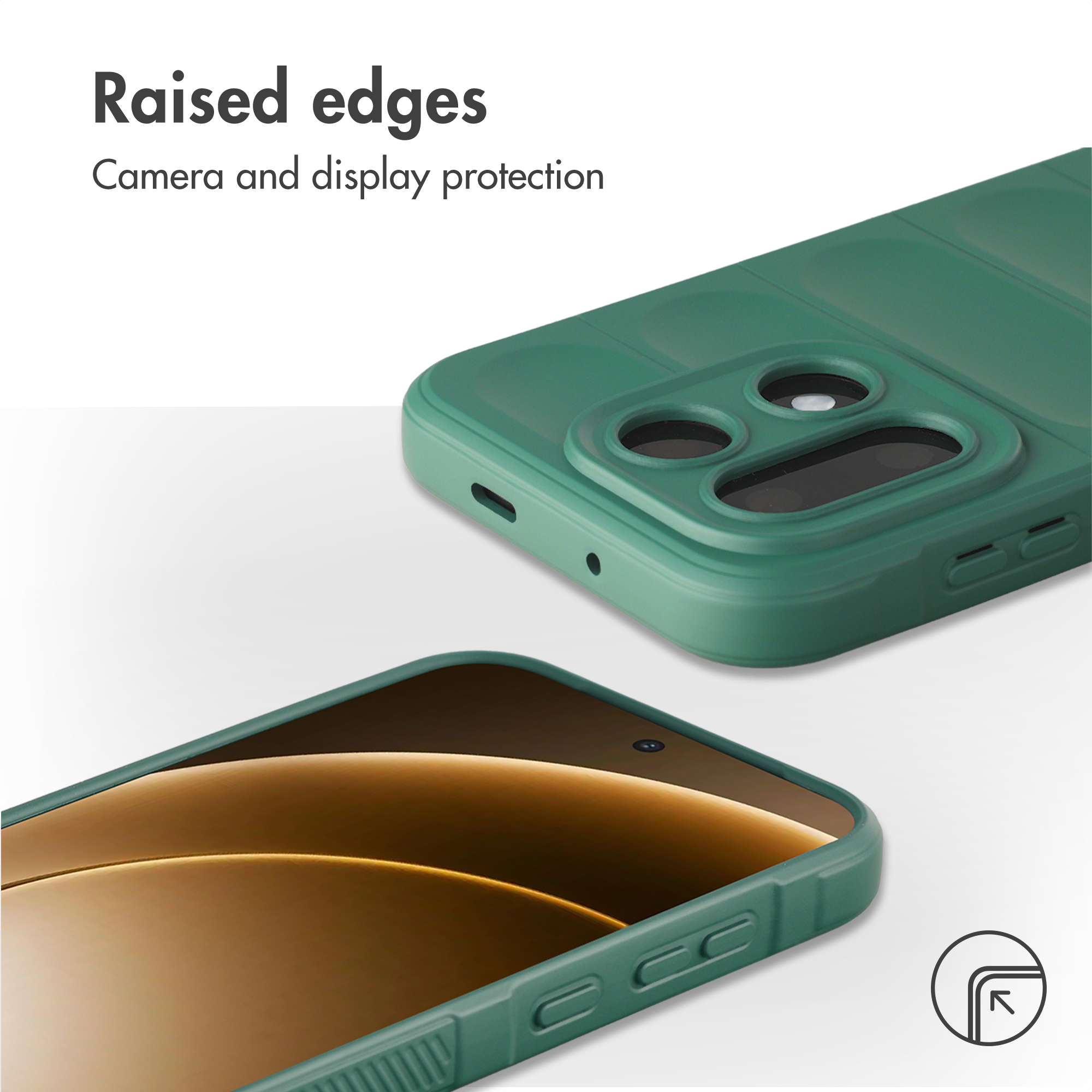 Custodia verde per telefono con bordi rialzati per fotocamera e schermo.