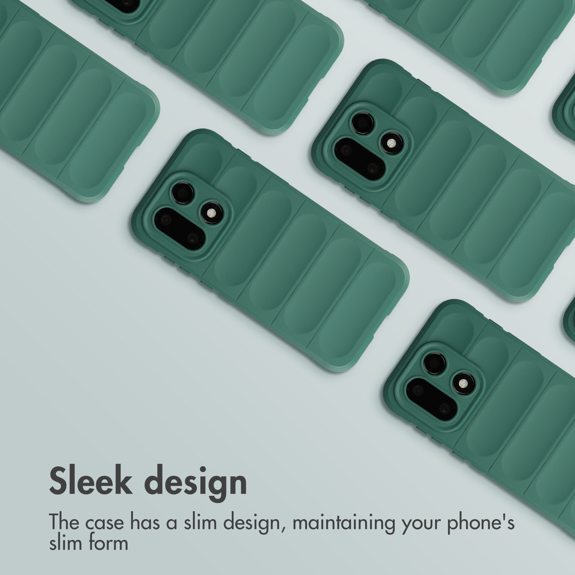 Diverse custodie per cellulari verdi e sottili con design imbottito su sfondo grigio chiaro.