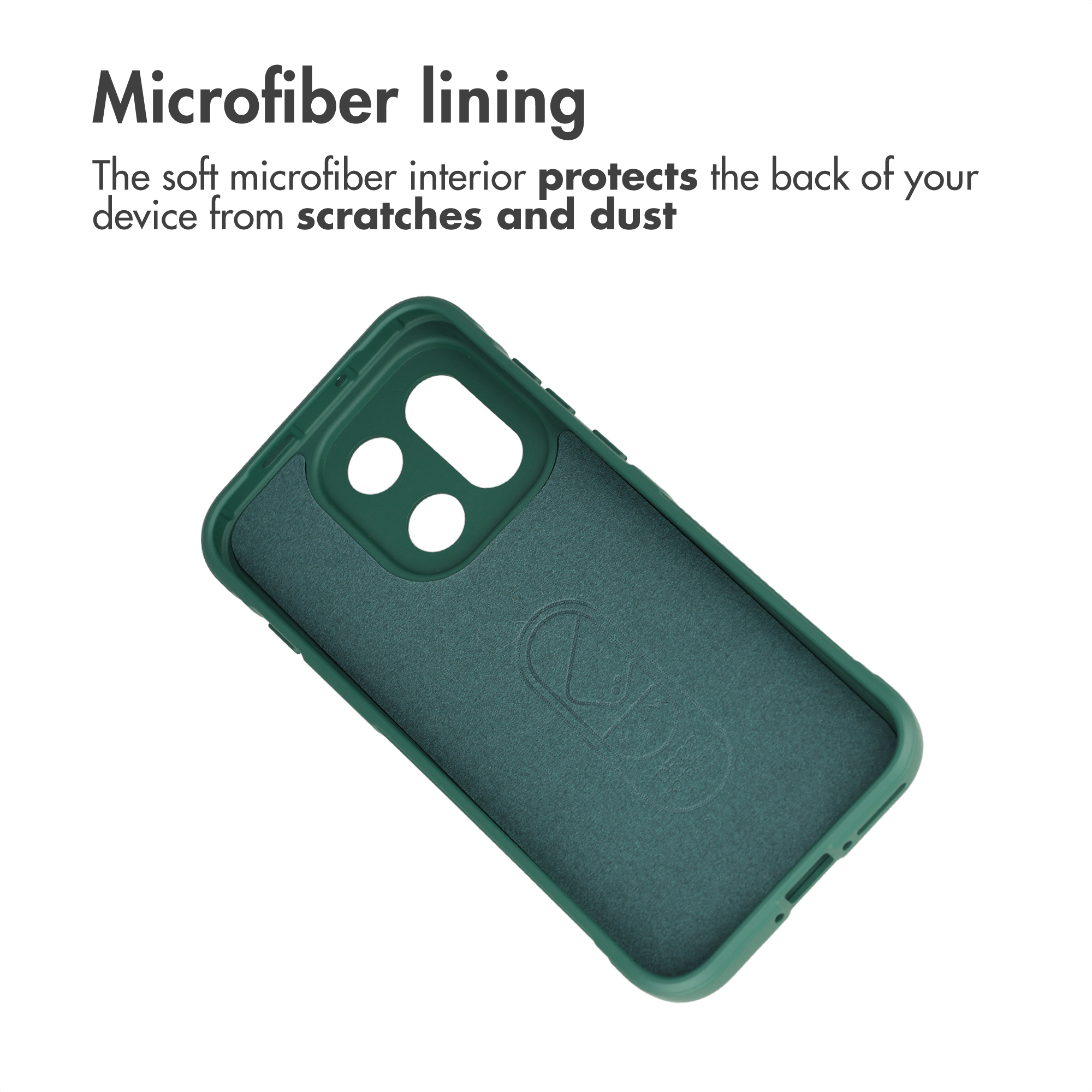 Custodia per telefono verde con interno in morbida microfibra e ritaglio per fotocamera.