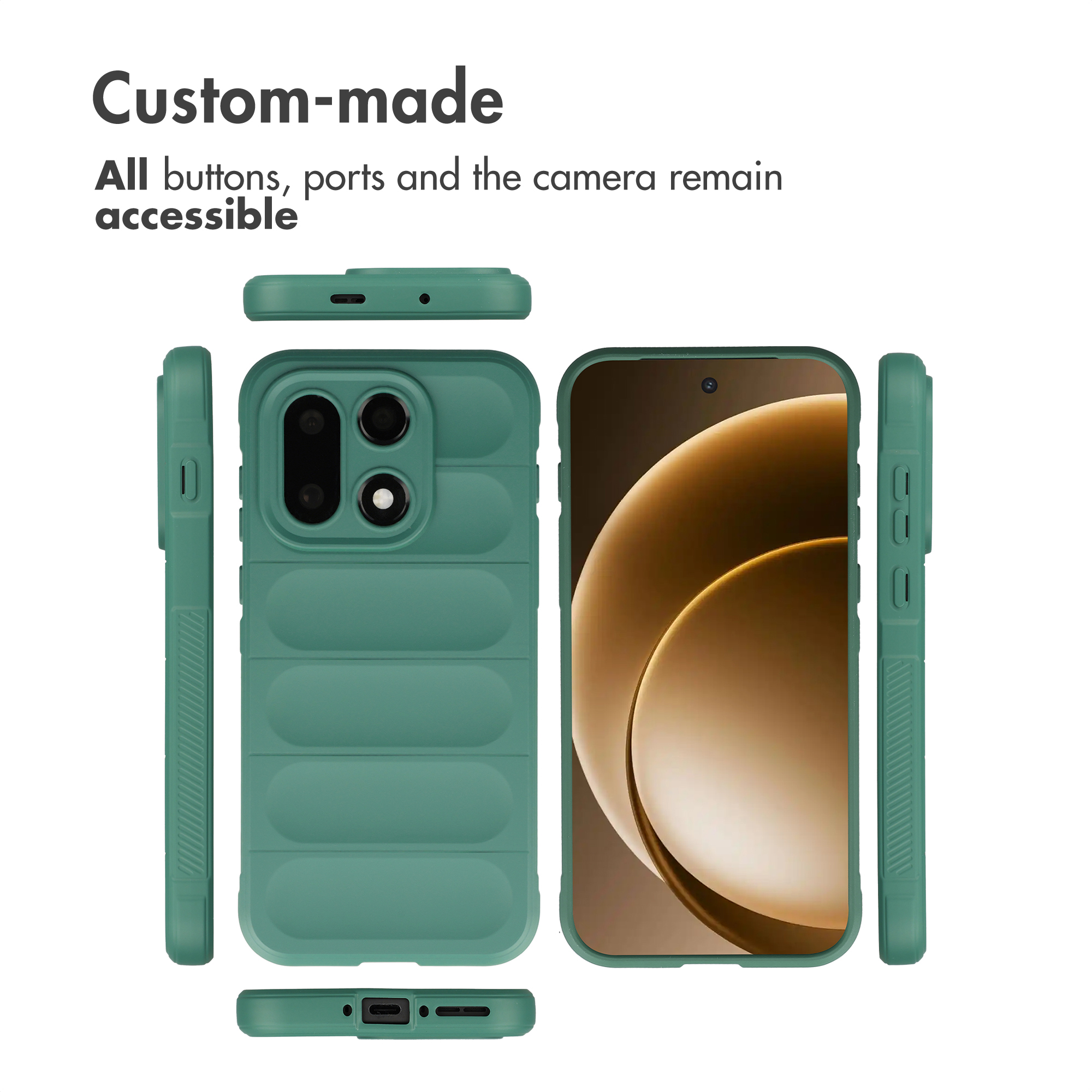 Custodia per telefono verde imbottita mostrata da più angolazioni con testo.