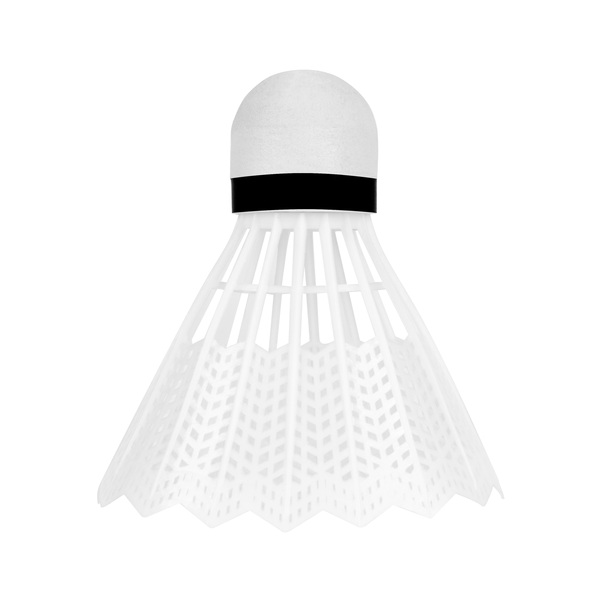 Biała lotka do badmintoniz czarnym paskiem na białym tle.